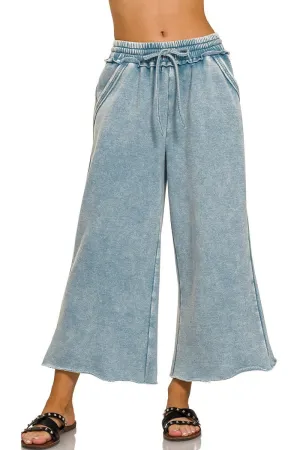Acid Washed Palazzo Pants in Blue Grey