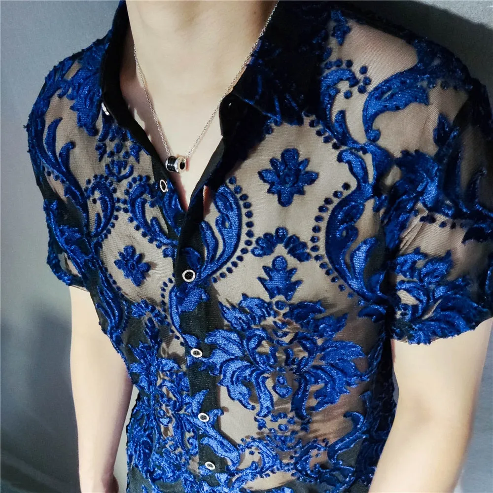 Aidase Transparent Blue Floral Shirt Masculine Soft Velvet Slim-fit Men's Clothing Nightclub Short-sleeved Sexy Shirt See Through