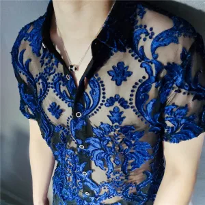 Aidase Transparent Blue Floral Shirt Masculine Soft Velvet Slim-fit Men's Clothing Nightclub Short-sleeved Sexy Shirt See Through