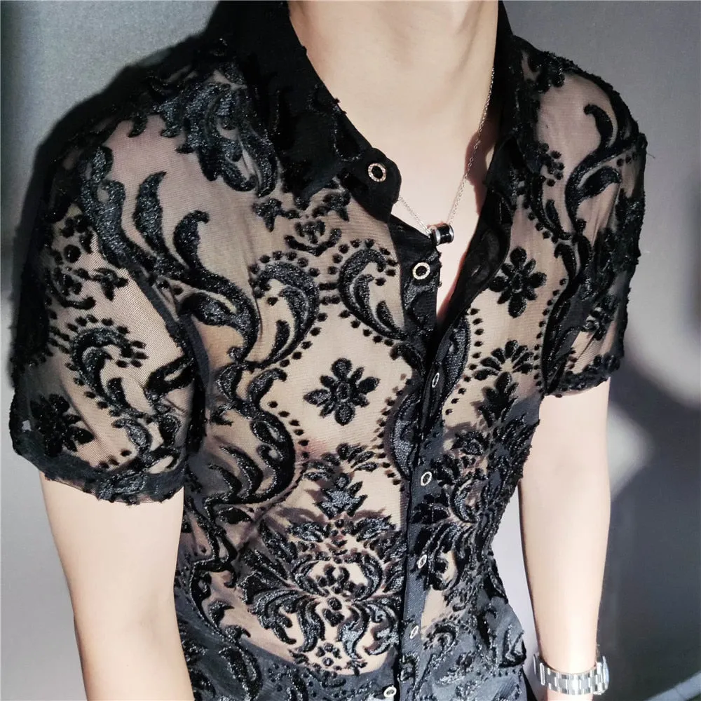 Aidase Transparent Blue Floral Shirt Masculine Soft Velvet Slim-fit Men's Clothing Nightclub Short-sleeved Sexy Shirt See Through