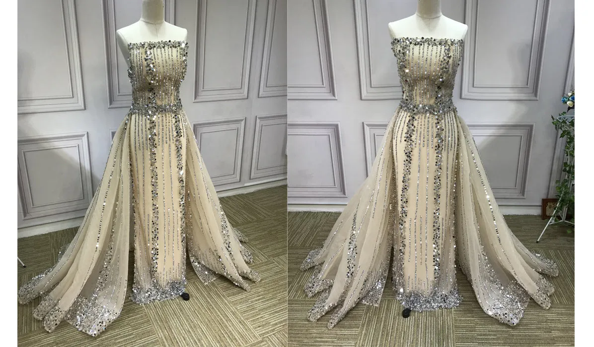 All beaded sliver crystals rhinestones couture prom dresses in two pieces removable train prom dress christmas promotion sale only one