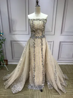 All beaded sliver crystals rhinestones couture prom dresses in two pieces removable train prom dress christmas promotion sale only one