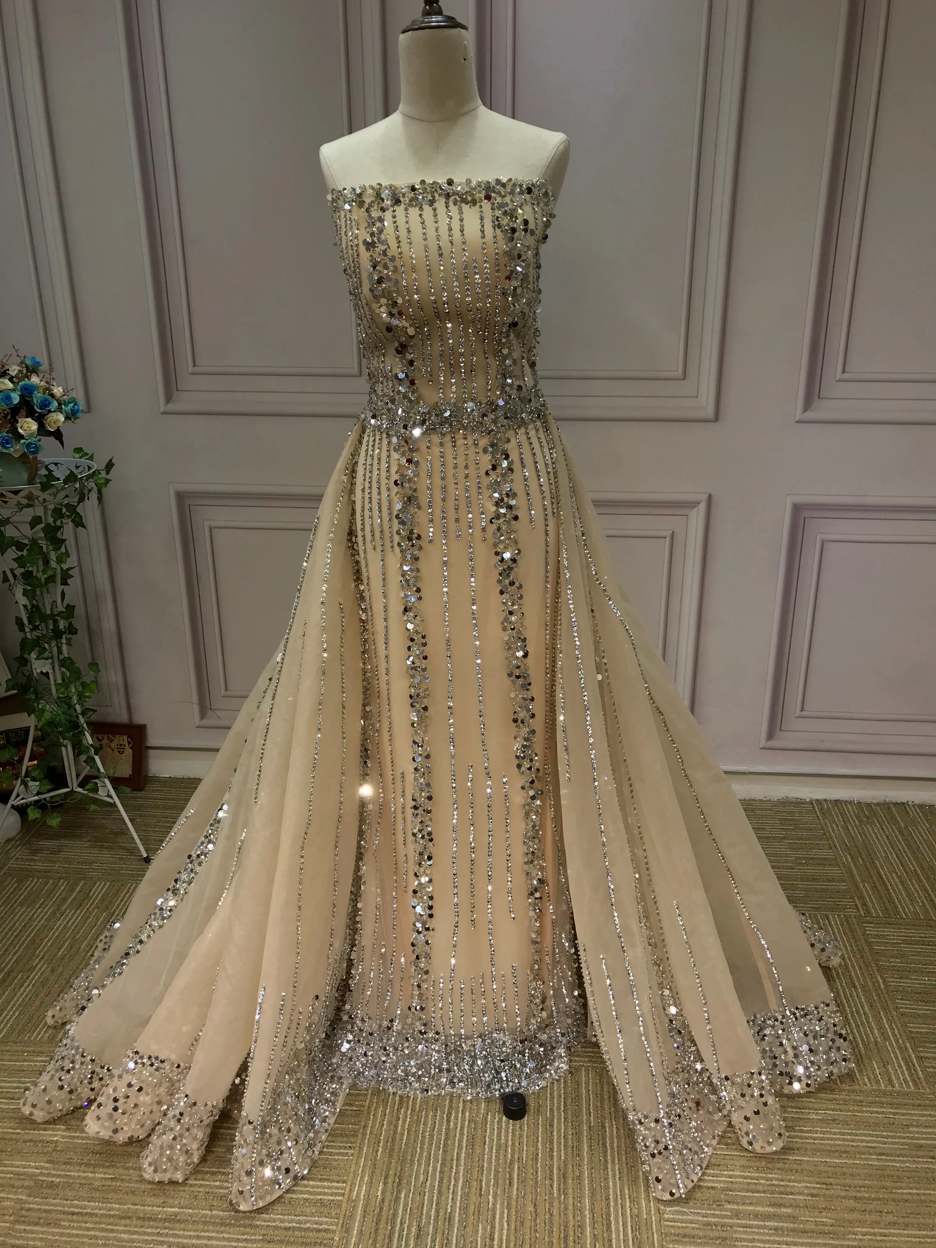 All beaded sliver crystals rhinestones couture prom dresses in two pieces removable train prom dress christmas promotion sale only one