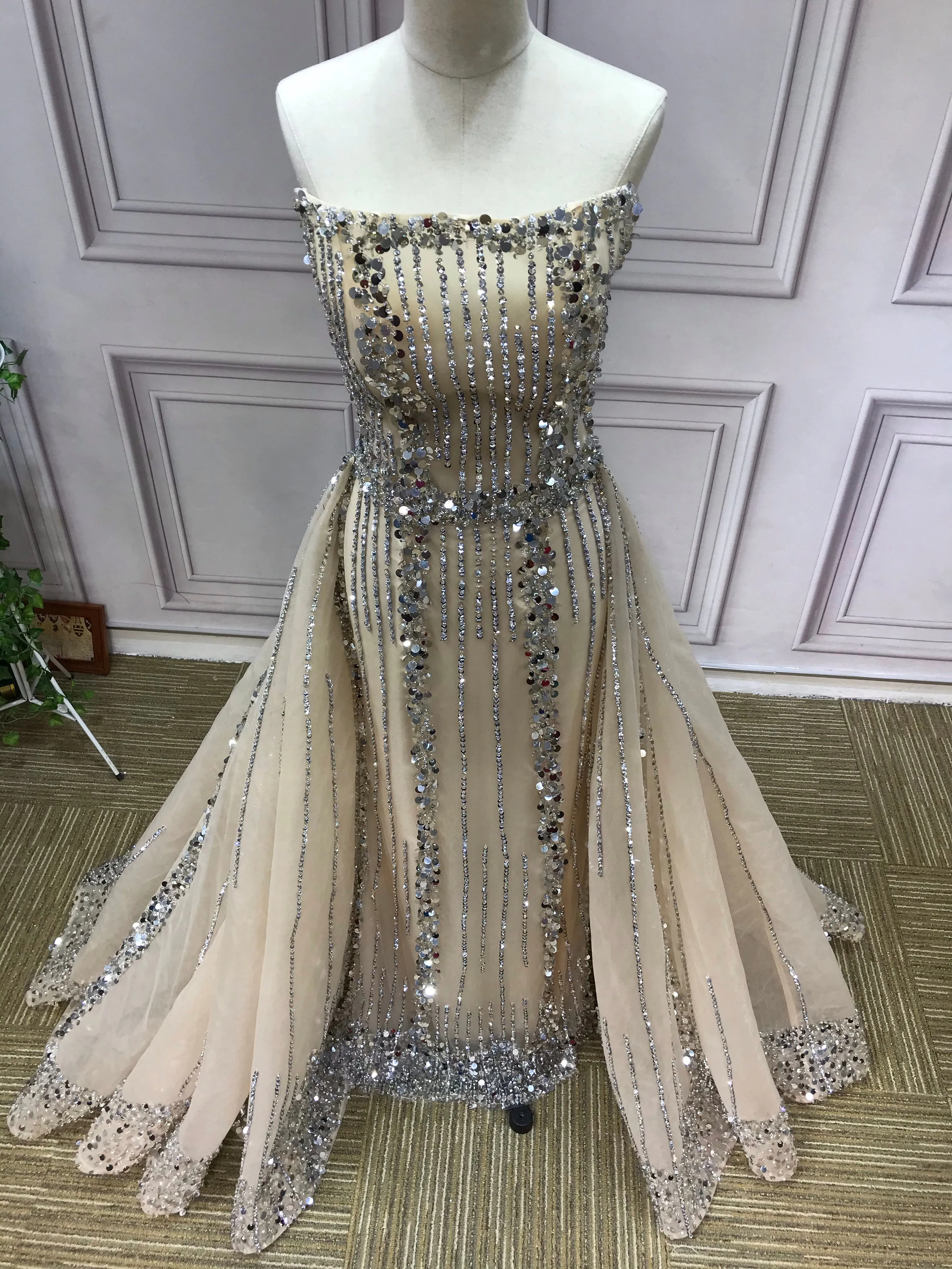 All beaded sliver crystals rhinestones couture prom dresses in two pieces removable train prom dress christmas promotion sale only one