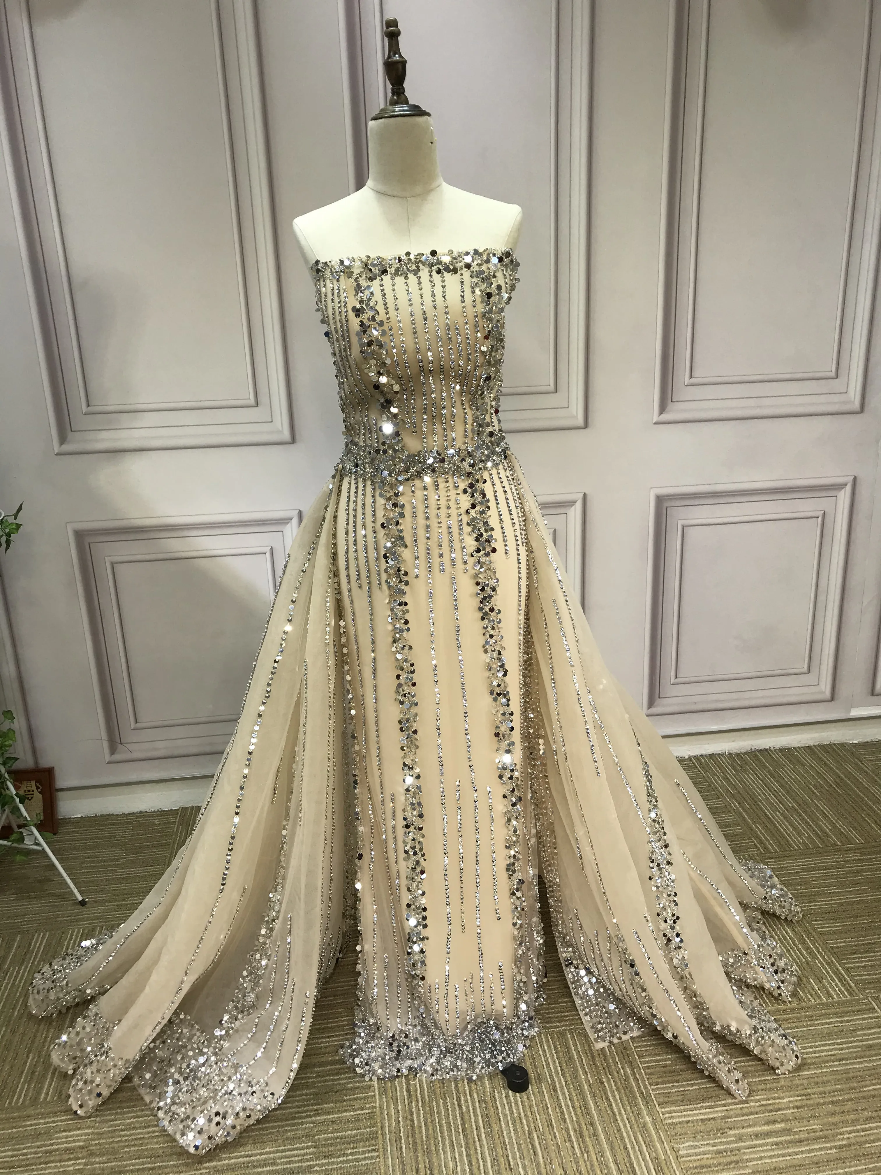 All beaded sliver crystals rhinestones couture prom dresses in two pieces removable train prom dress christmas promotion sale only one