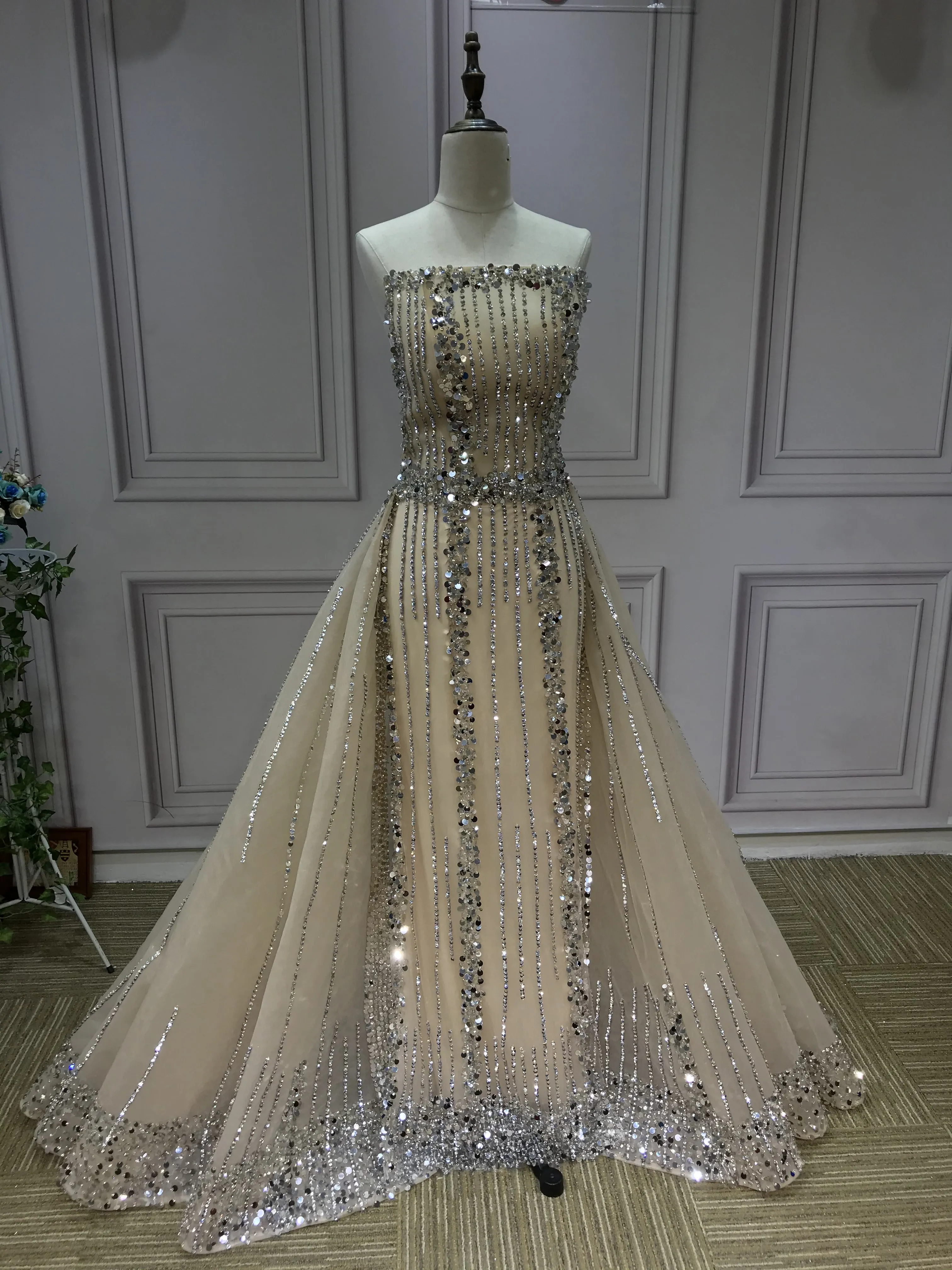 All beaded sliver crystals rhinestones couture prom dresses in two pieces removable train prom dress christmas promotion sale only one