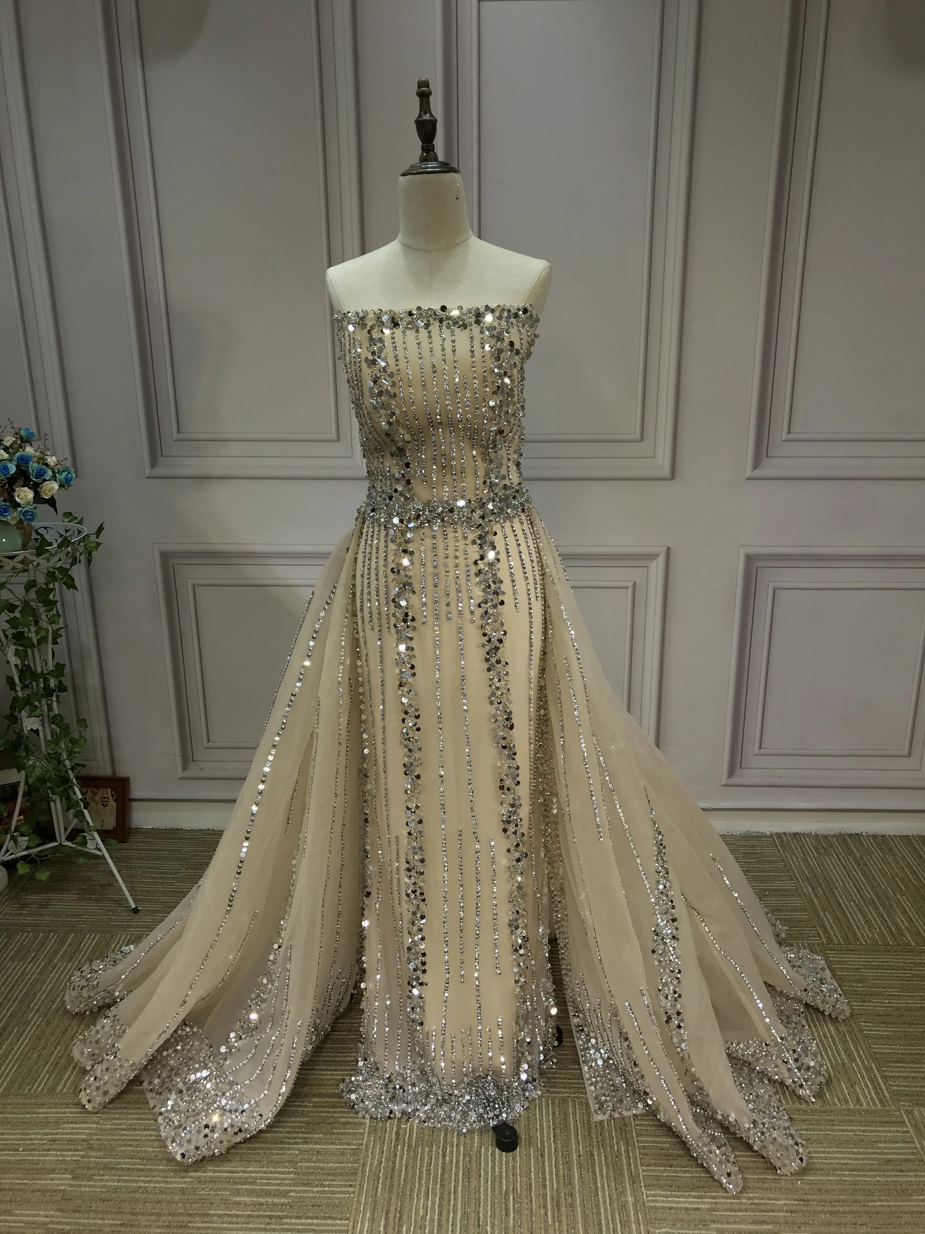 All beaded sliver crystals rhinestones couture prom dresses in two pieces removable train prom dress christmas promotion sale only one