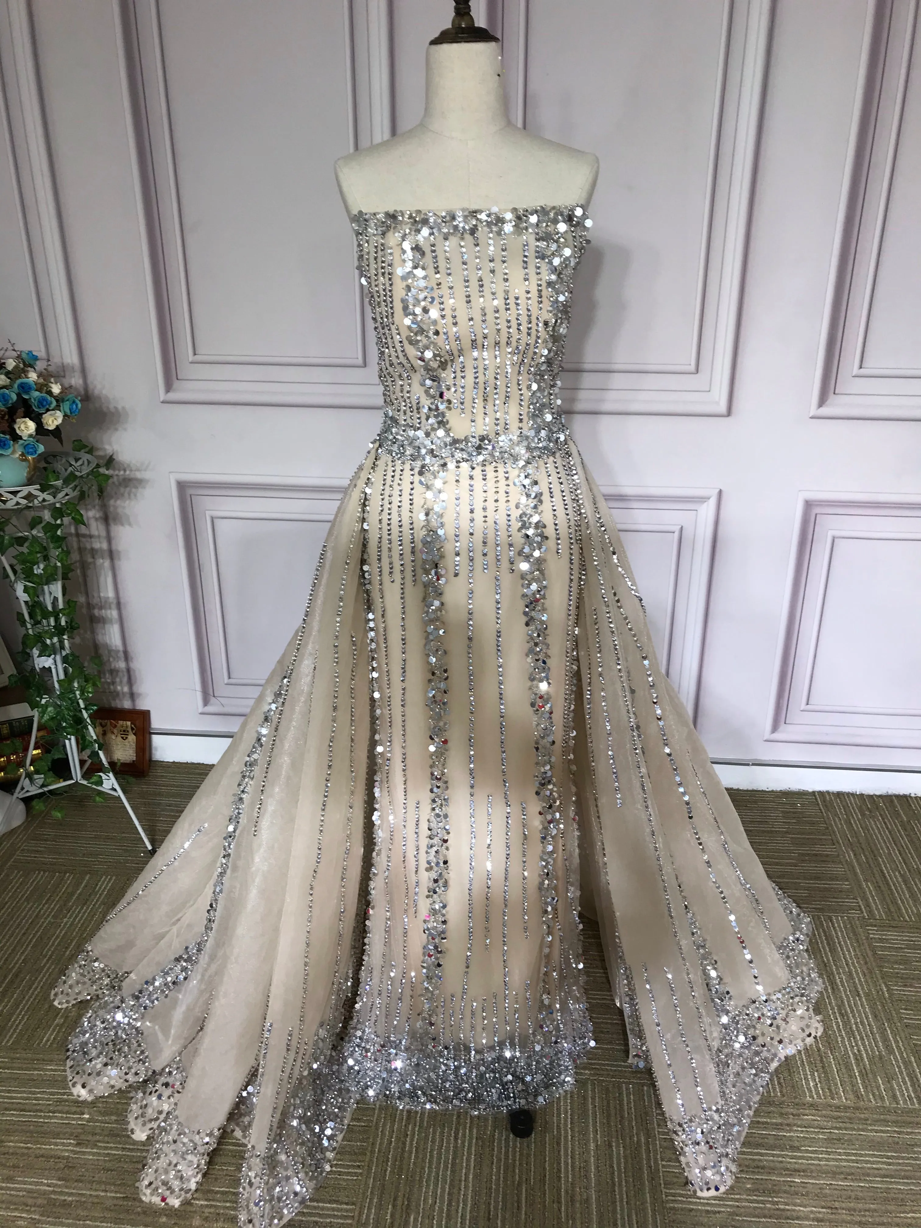 All beaded sliver crystals rhinestones couture prom dresses in two pieces removable train prom dress christmas promotion sale only one