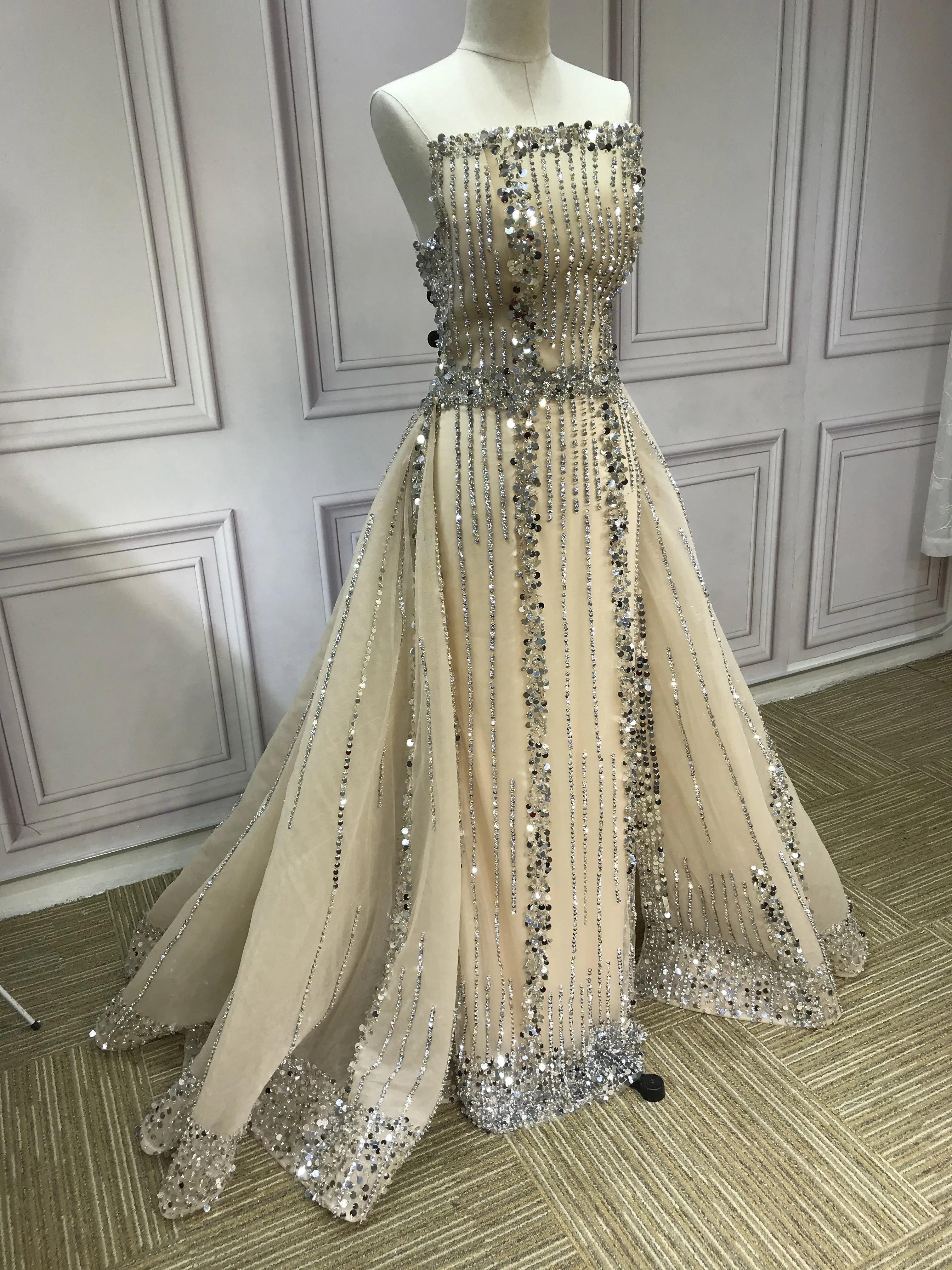 All beaded sliver crystals rhinestones couture prom dresses in two pieces removable train prom dress christmas promotion sale only one