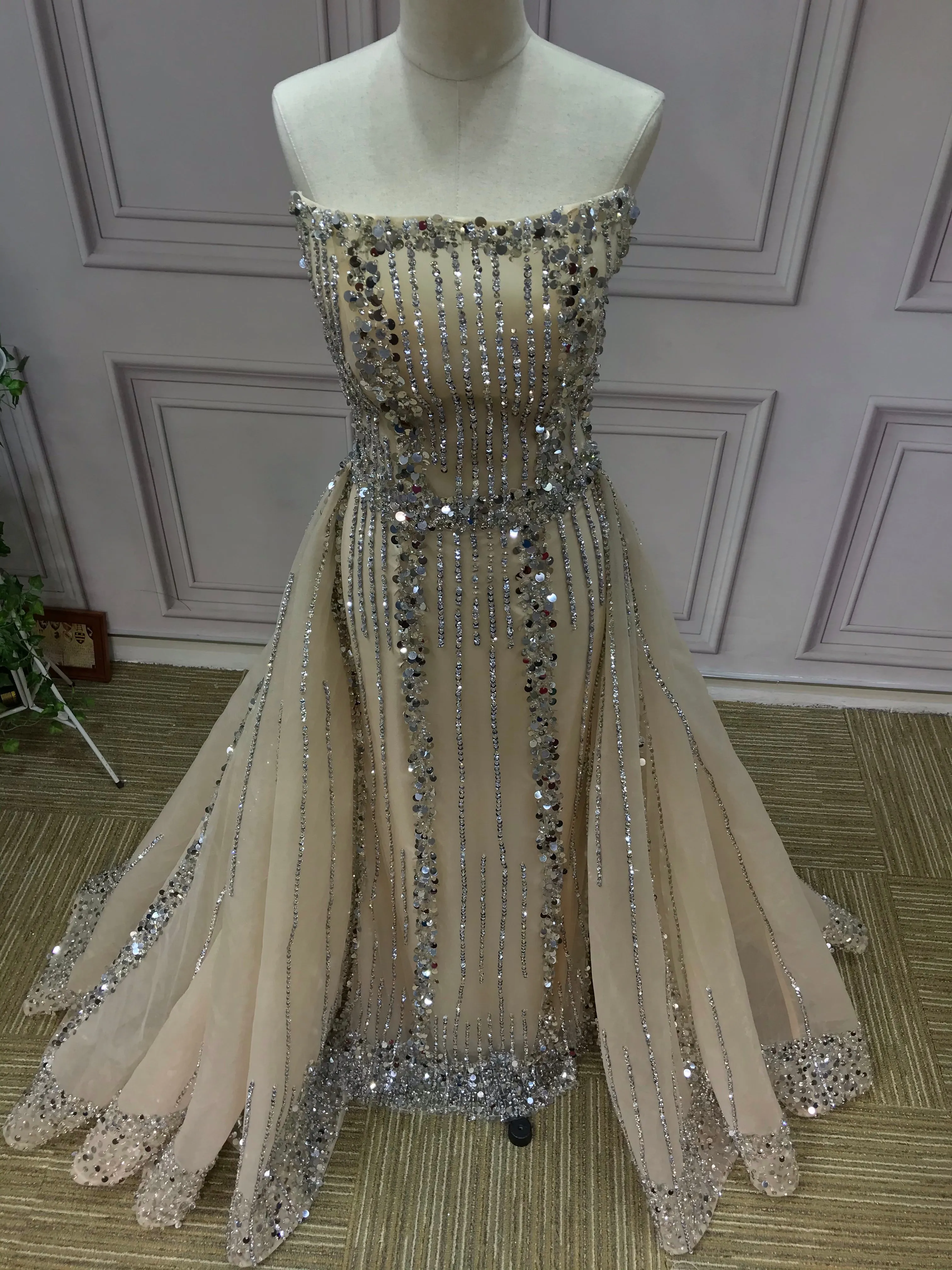 All beaded sliver crystals rhinestones couture prom dresses in two pieces removable train prom dress christmas promotion sale only one