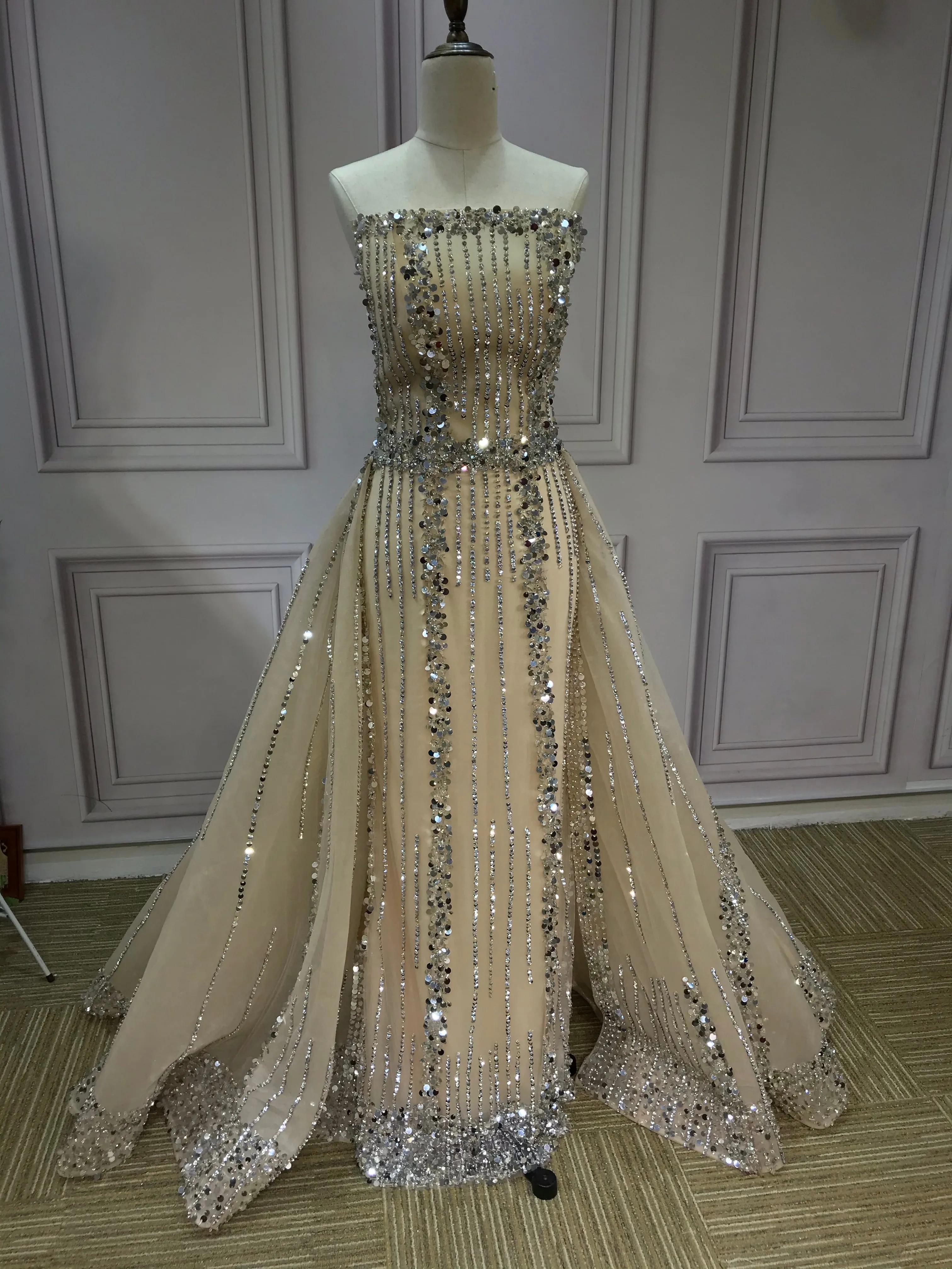 All beaded sliver crystals rhinestones couture prom dresses in two pieces removable train prom dress christmas promotion sale only one