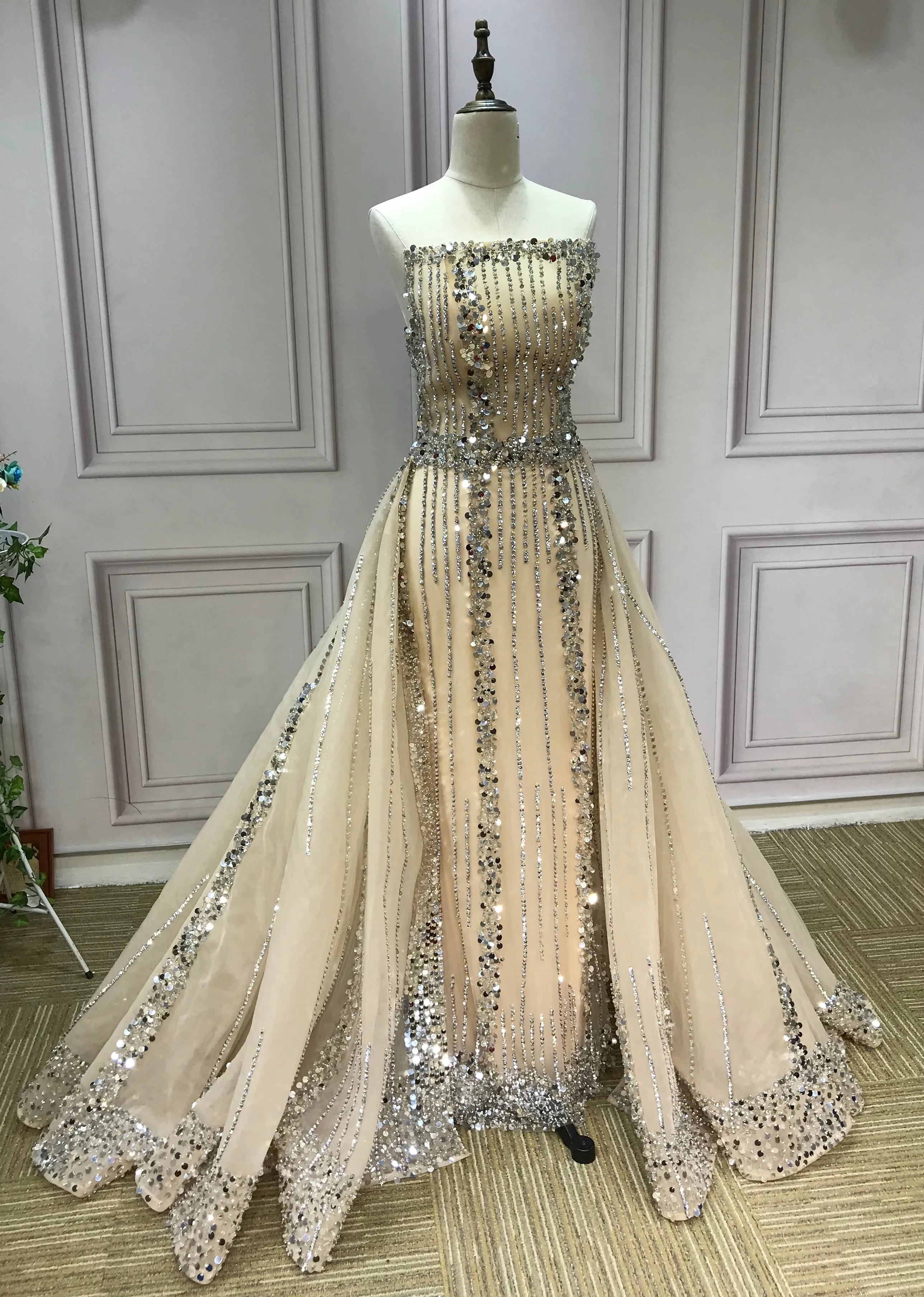 All beaded sliver crystals rhinestones couture prom dresses in two pieces removable train prom dress christmas promotion sale only one