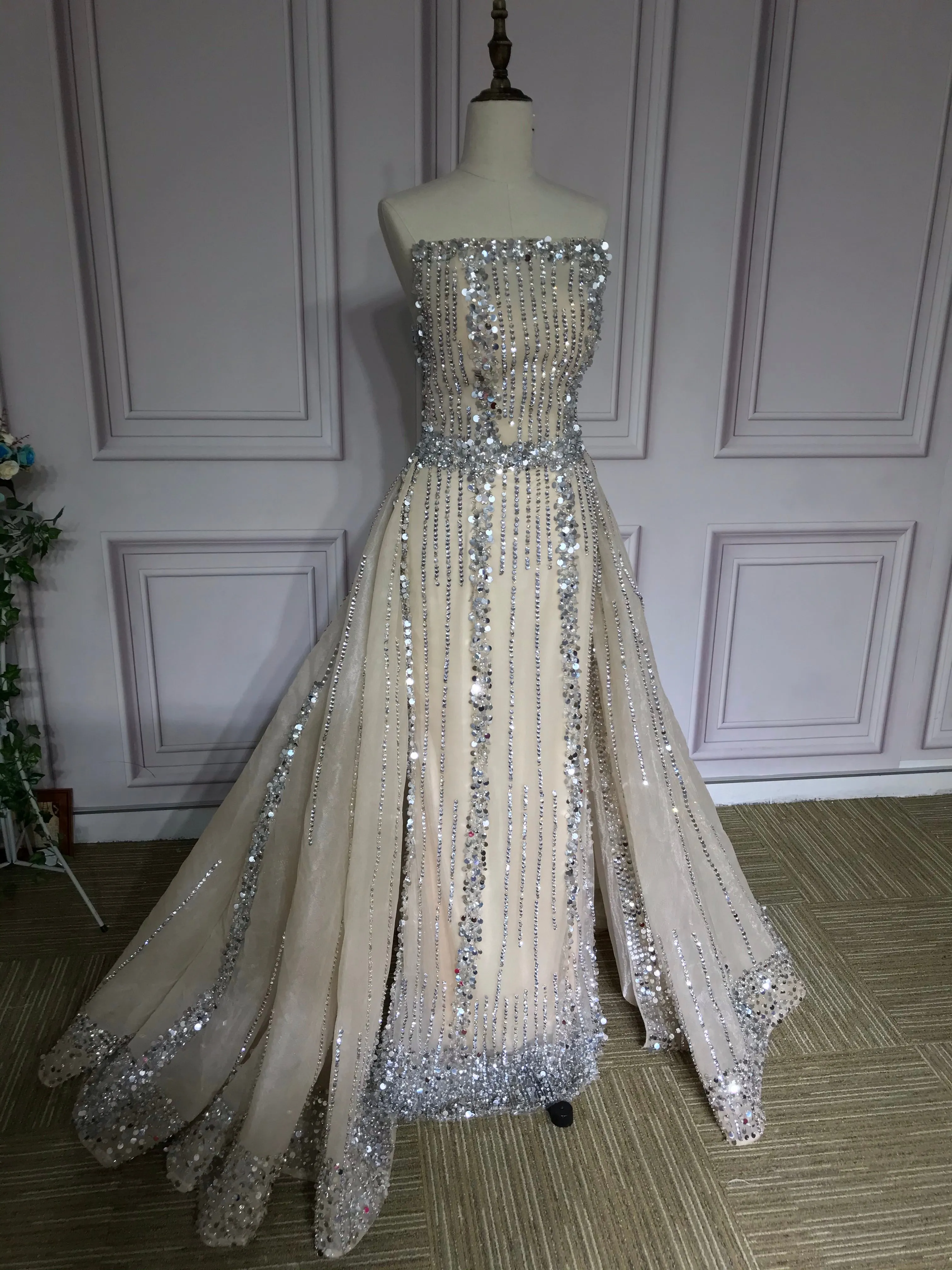 All beaded sliver crystals rhinestones couture prom dresses in two pieces removable train prom dress christmas promotion sale only one