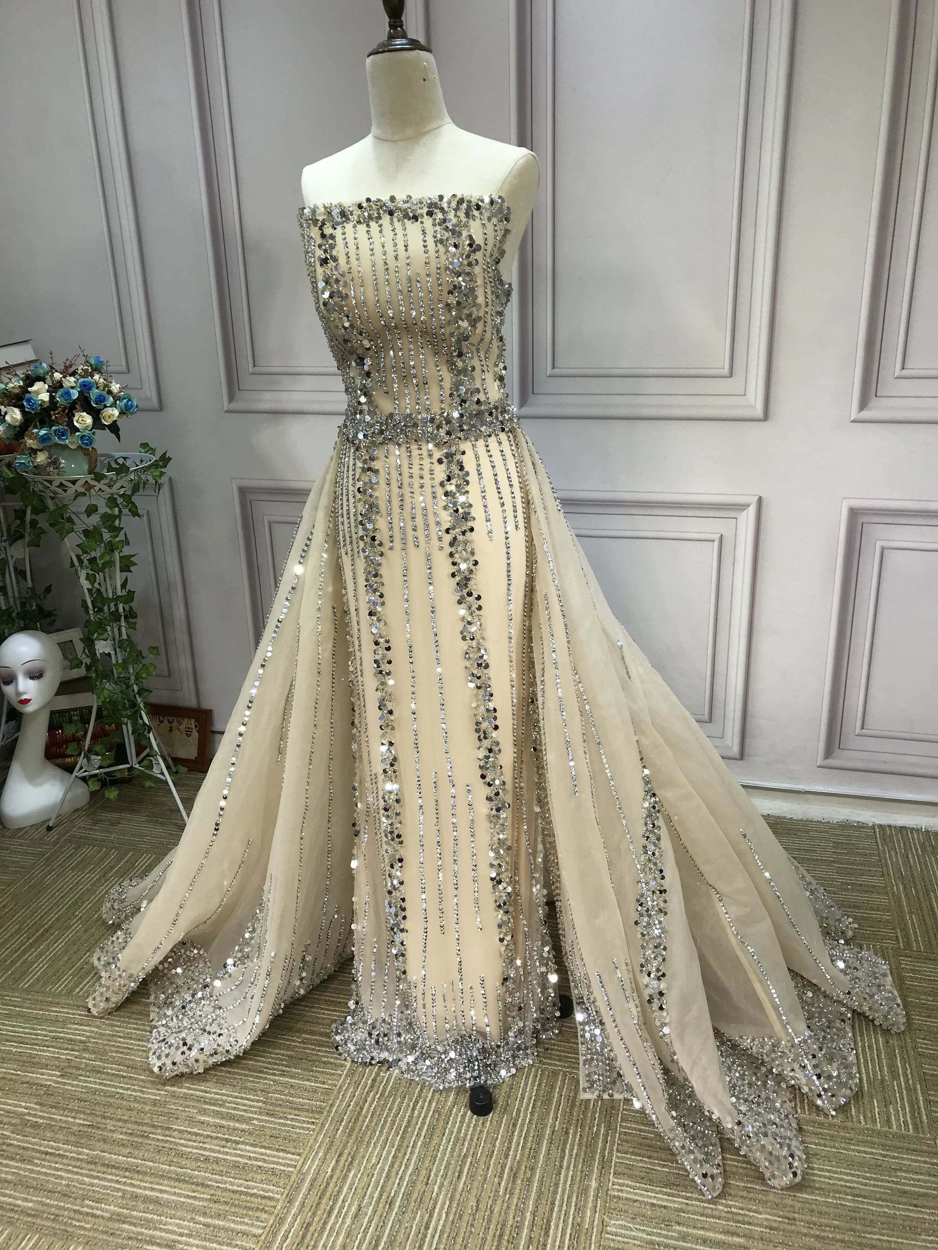 All beaded sliver crystals rhinestones couture prom dresses in two pieces removable train prom dress christmas promotion sale only one