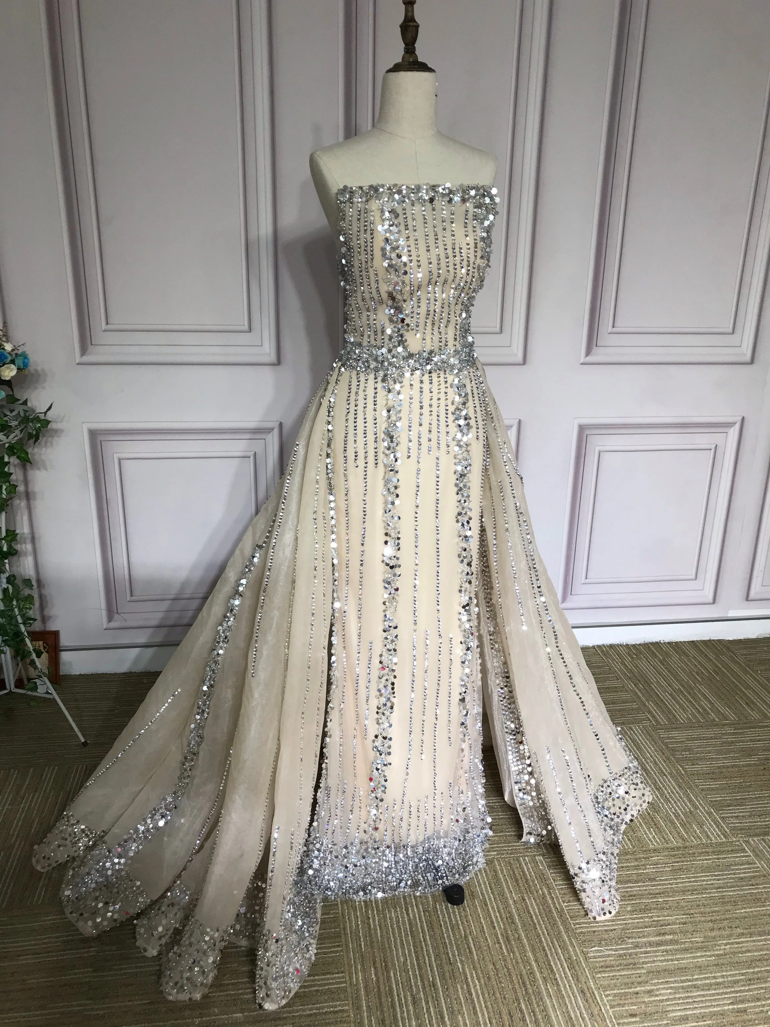 All beaded sliver crystals rhinestones couture prom dresses in two pieces removable train prom dress christmas promotion sale only one