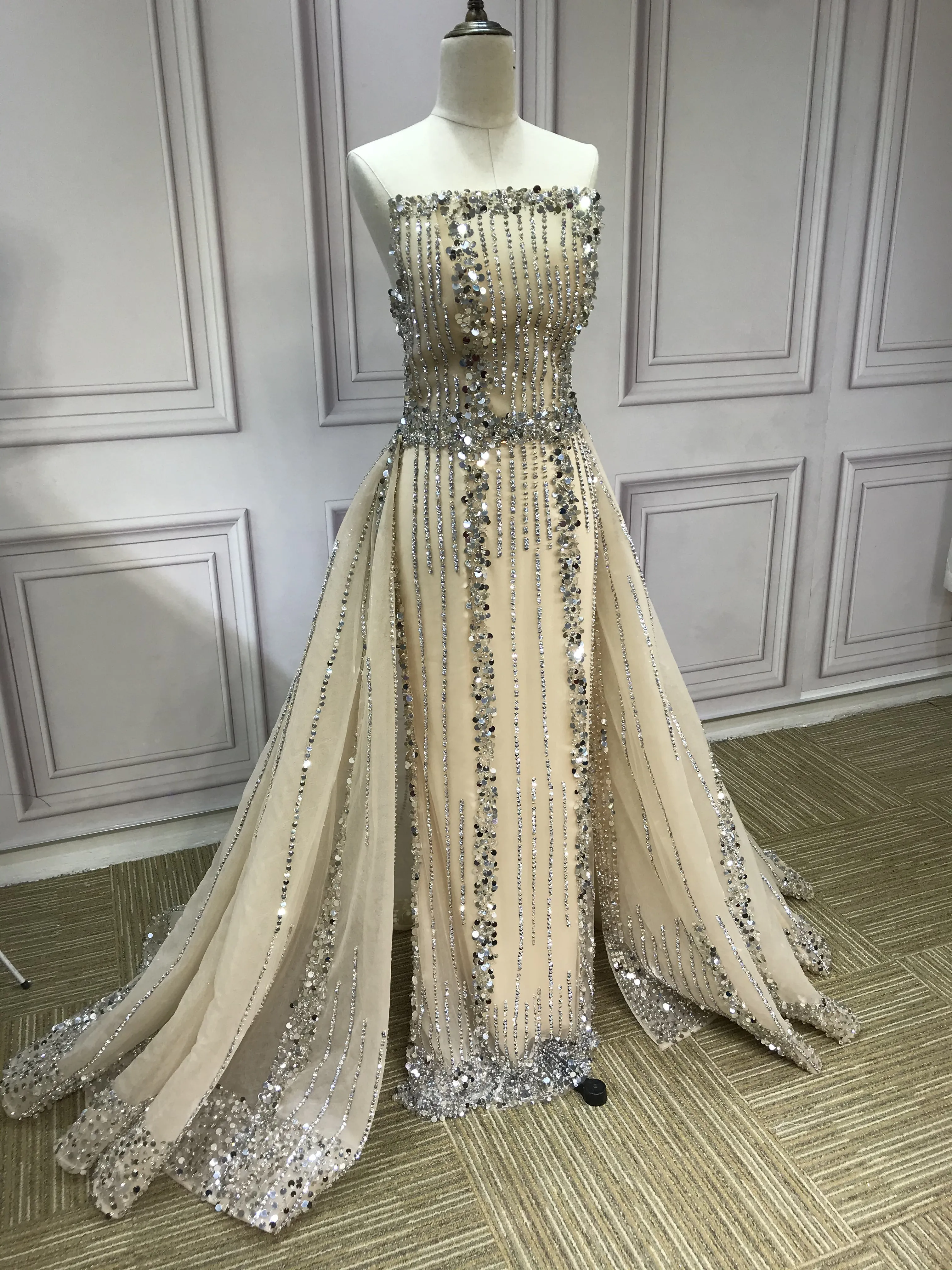 All beaded sliver crystals rhinestones couture prom dresses in two pieces removable train prom dress christmas promotion sale only one