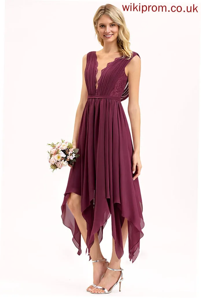 Ankle-Length Silhouette Lace Fabric Length Neckline V-neck Straps A-Line Lailah Sleeveless Natural Waist Bridesmaid Dresses
