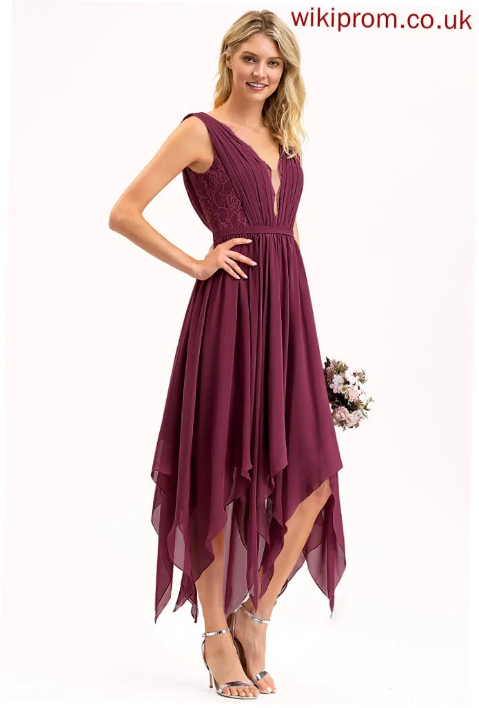 Ankle-Length Silhouette Lace Fabric Length Neckline V-neck Straps A-Line Lailah Sleeveless Natural Waist Bridesmaid Dresses