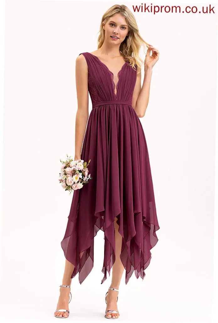 Ankle-Length Silhouette Lace Fabric Length Neckline V-neck Straps A-Line Lailah Sleeveless Natural Waist Bridesmaid Dresses