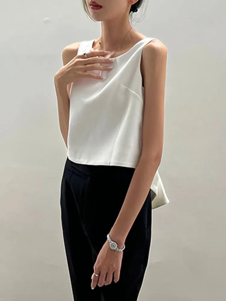 Backless Bowknot Tank Tops For Women Round Neck Sleeveless Solid Minimalist Vests Female Summer Clothing Style