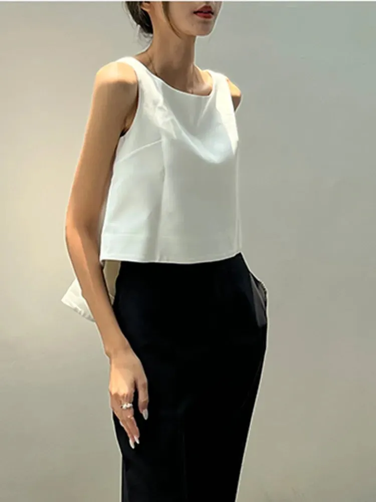 Backless Bowknot Tank Tops For Women Round Neck Sleeveless Solid Minimalist Vests Female Summer Clothing Style