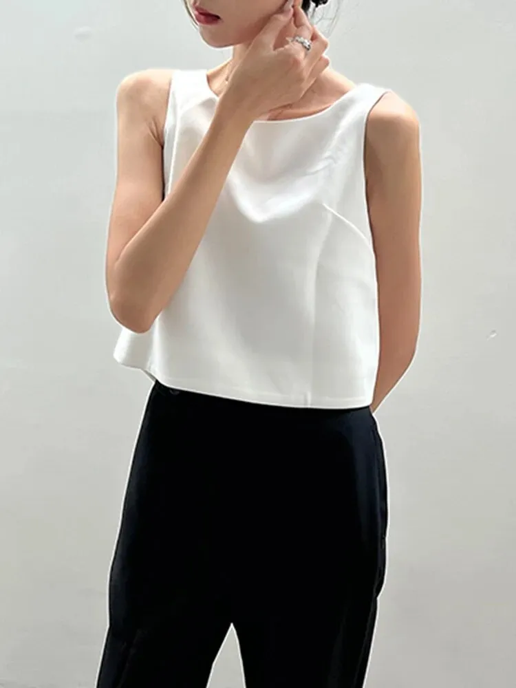 Backless Bowknot Tank Tops For Women Round Neck Sleeveless Solid Minimalist Vests Female Summer Clothing Style