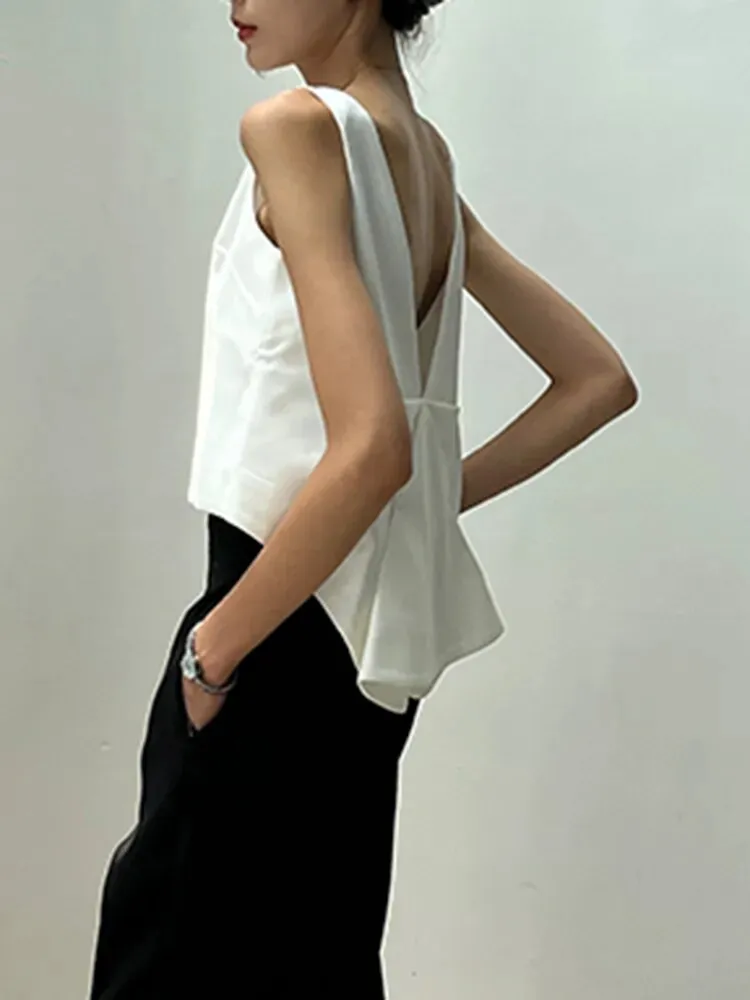 Backless Bowknot Tank Tops For Women Round Neck Sleeveless Solid Minimalist Vests Female Summer Clothing Style
