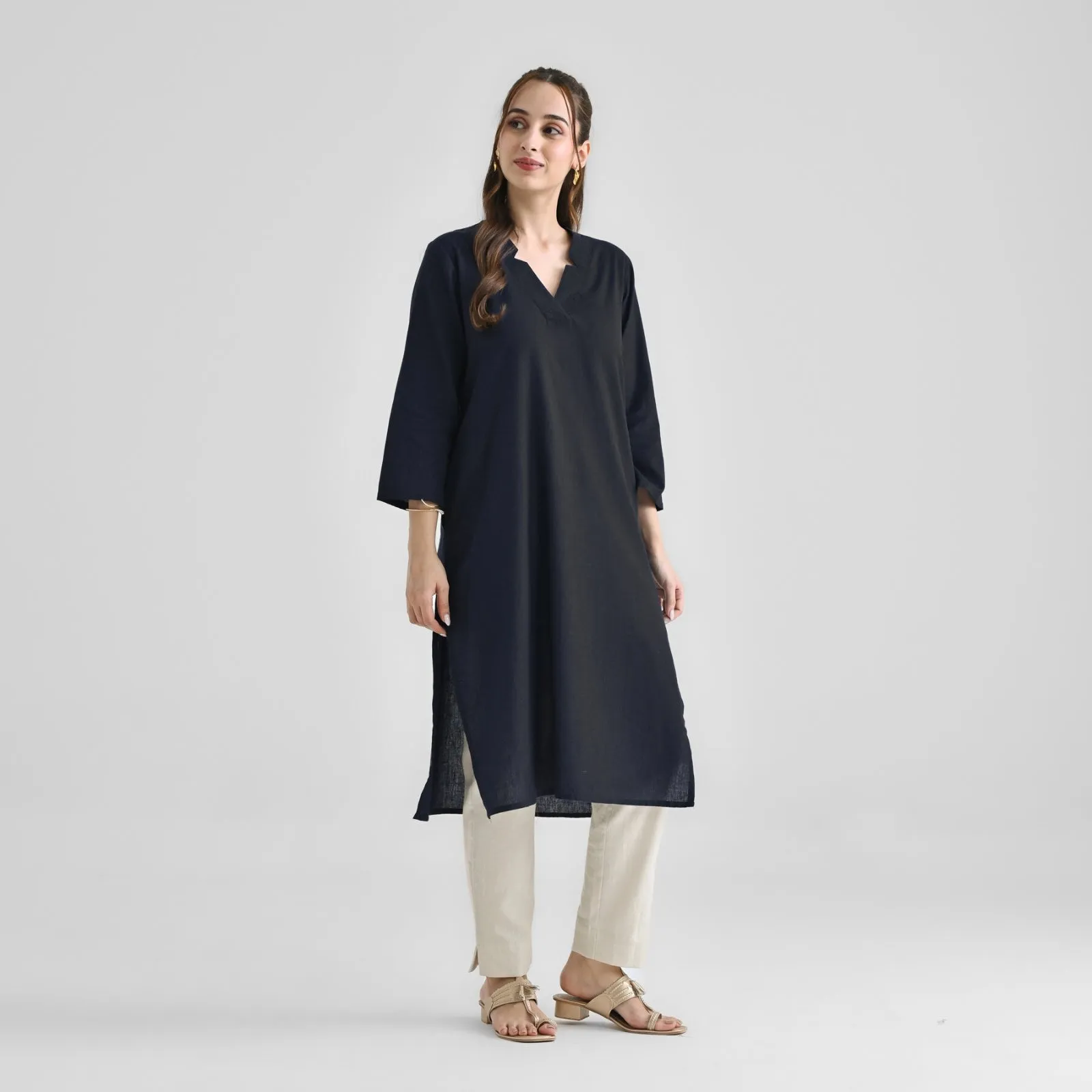 Black Linen Cotton Kurta with Notch V Neckline Detail