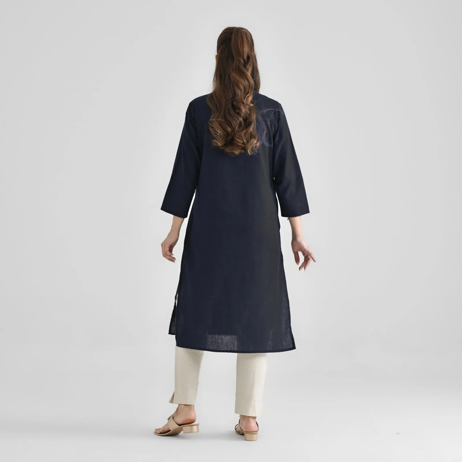 Black Linen Cotton Kurta with Notch V Neckline Detail