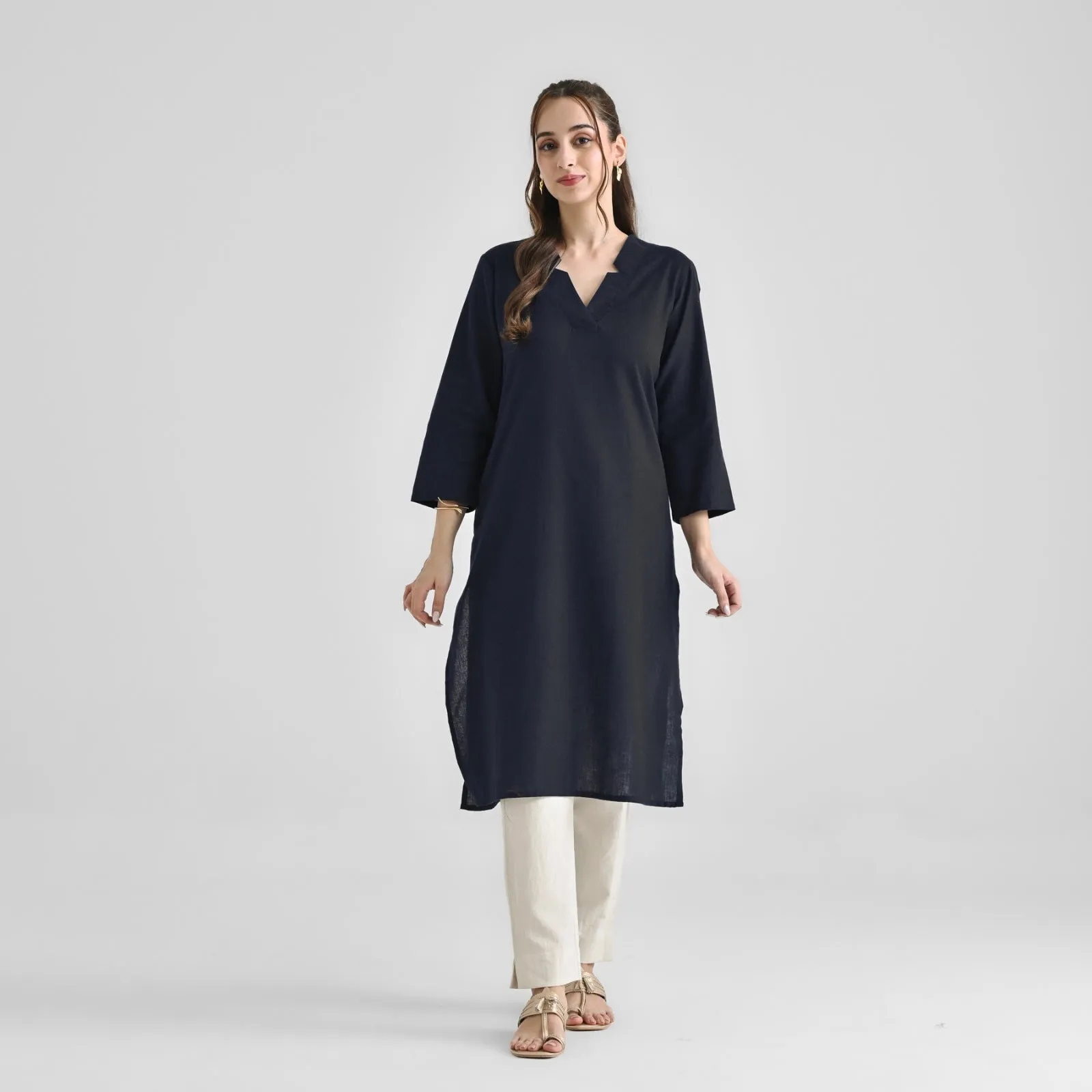 Black Linen Cotton Kurta with Notch V Neckline Detail