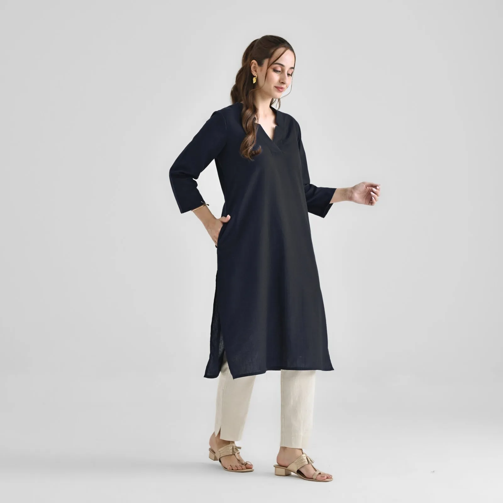 Black Linen Cotton Kurta with Notch V Neckline Detail
