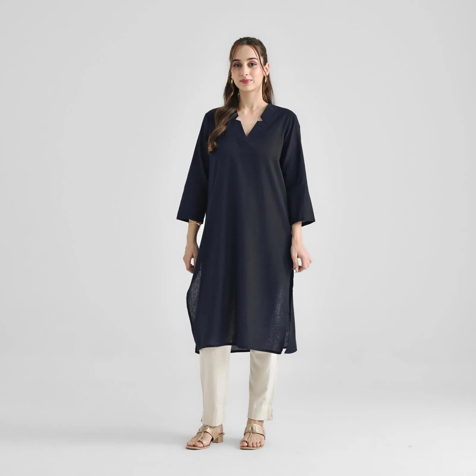 Black Linen Cotton Kurta with Notch V Neckline Detail