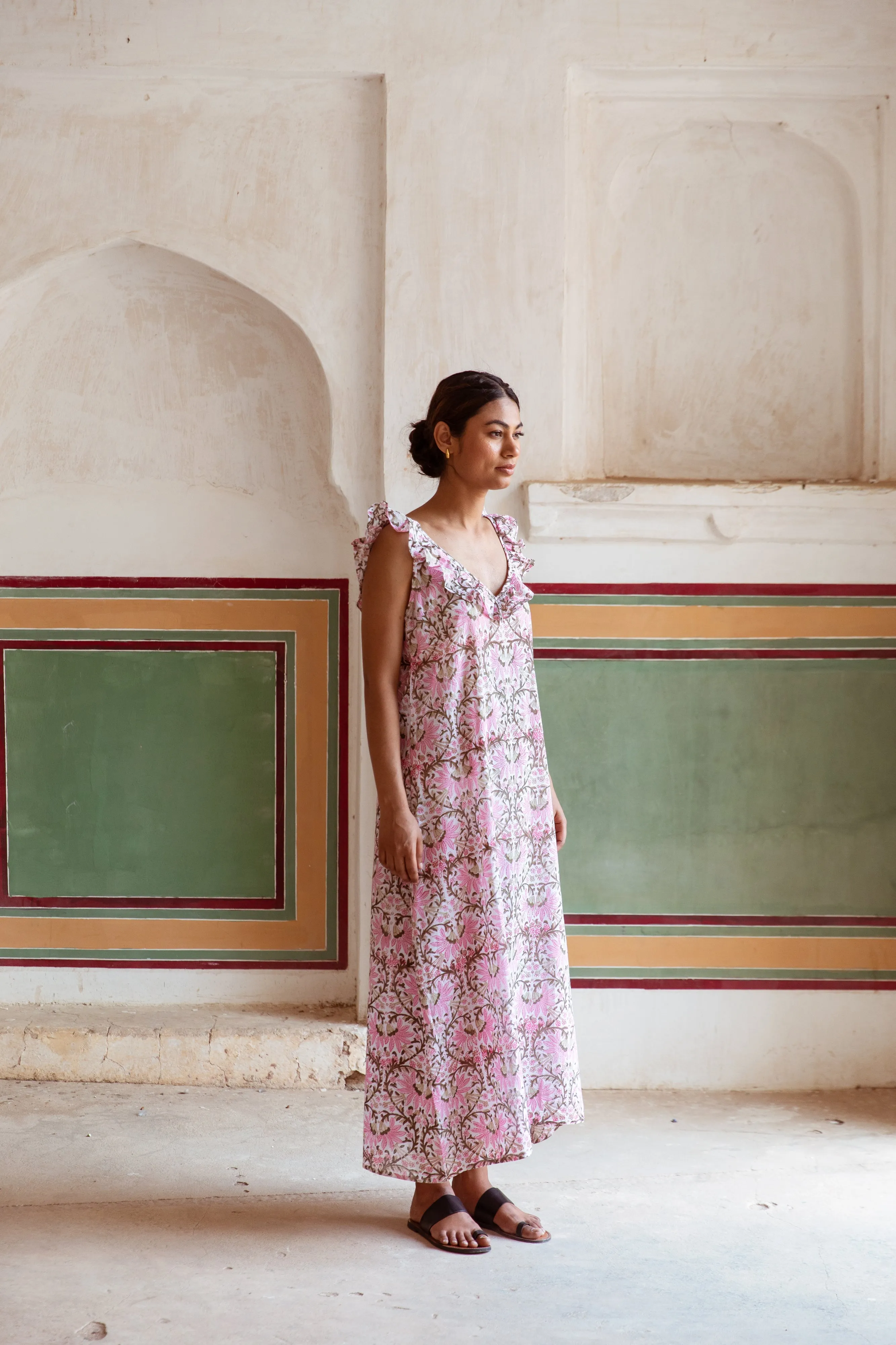 Block Print Cotton Nightdress - Soft Pink Floral Fan Print