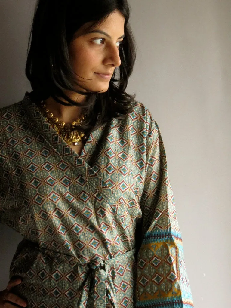 Blue Plaid Knee Length, Kimono Crossover Belted Robe