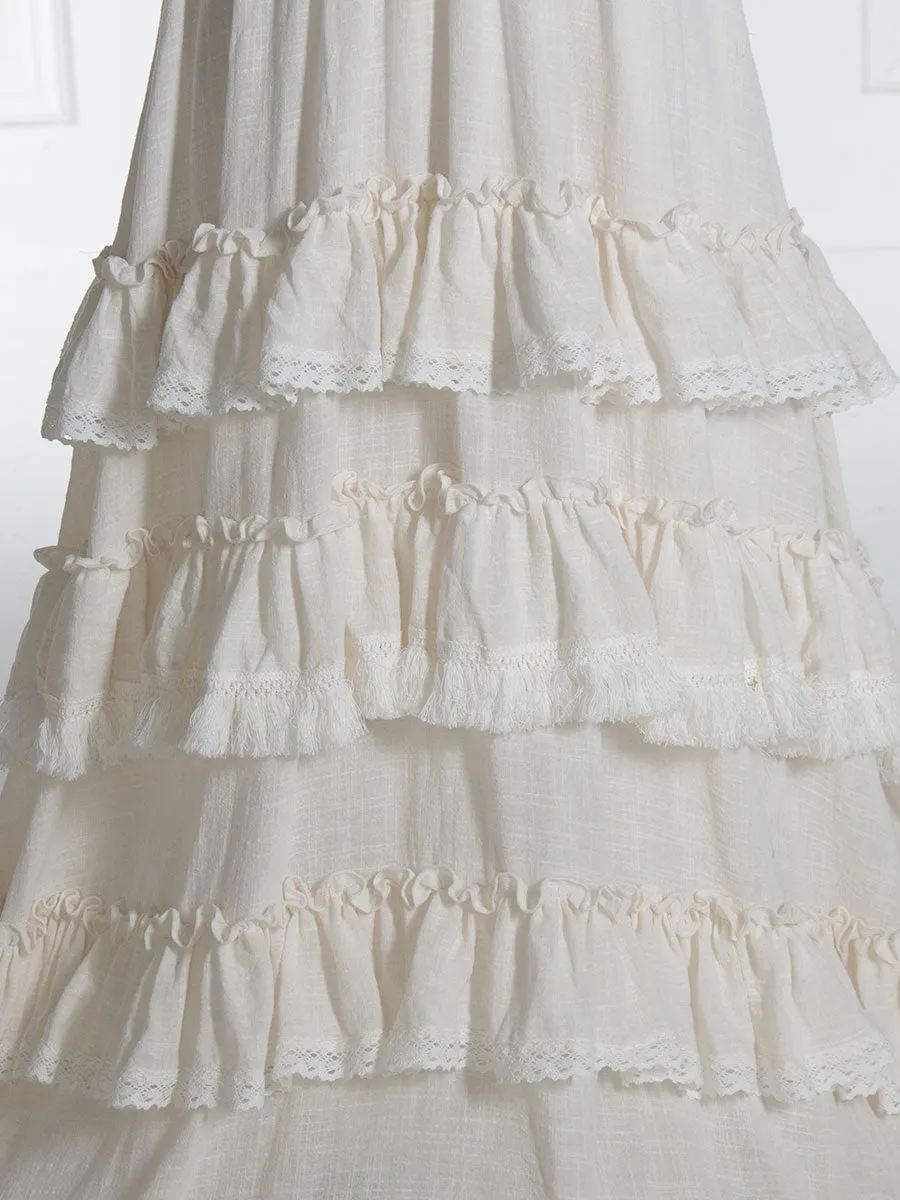 Boho Chic Cotton Layered Ruffles Maxi Dress Bohemian Photoshoot Dress YW240086