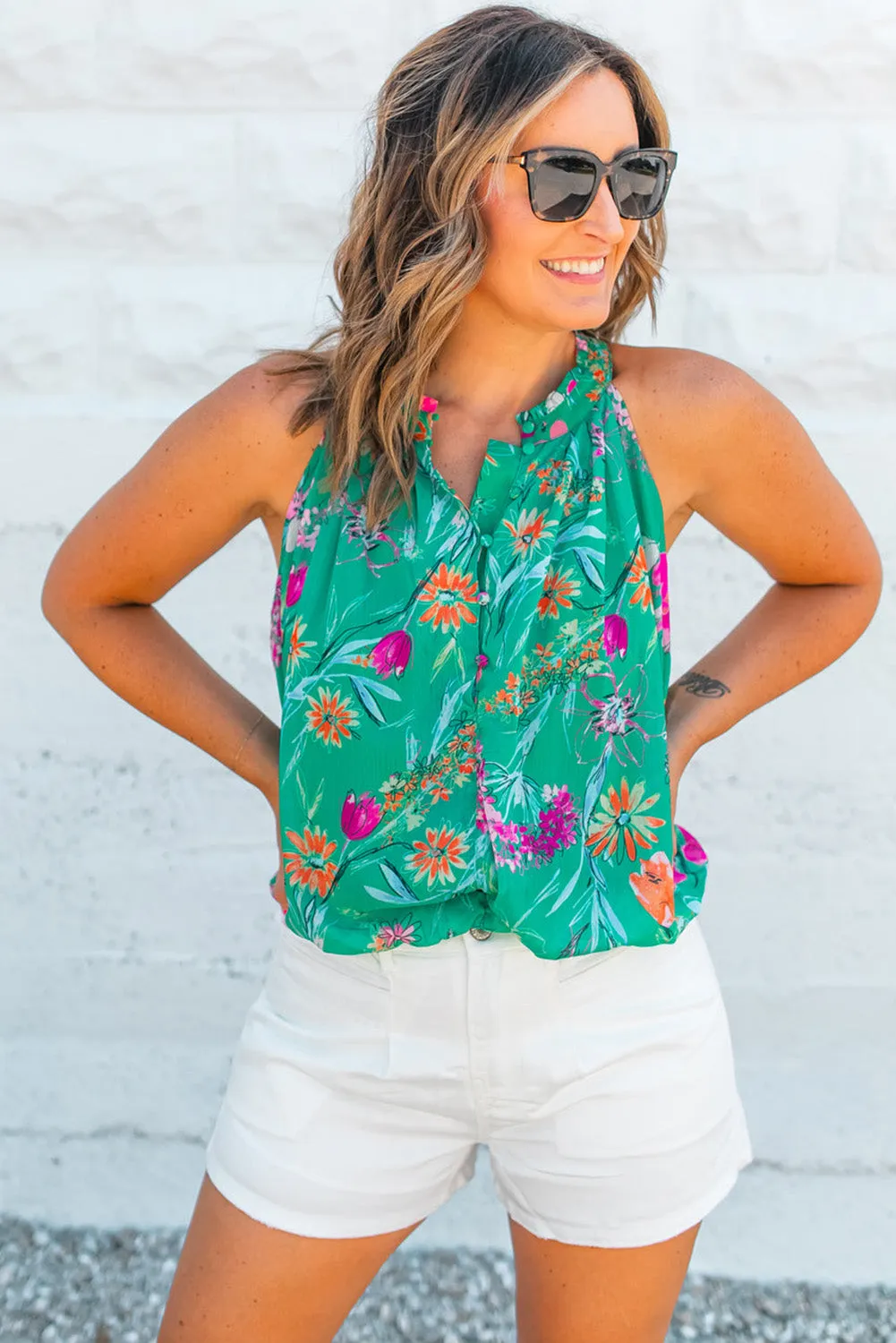 Boho Floral Print Button Front Sleeveless Blouse