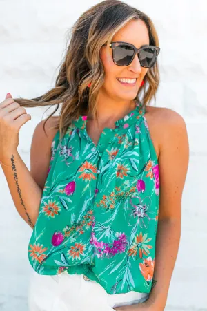 Boho Floral Print Button Front Sleeveless Blouse