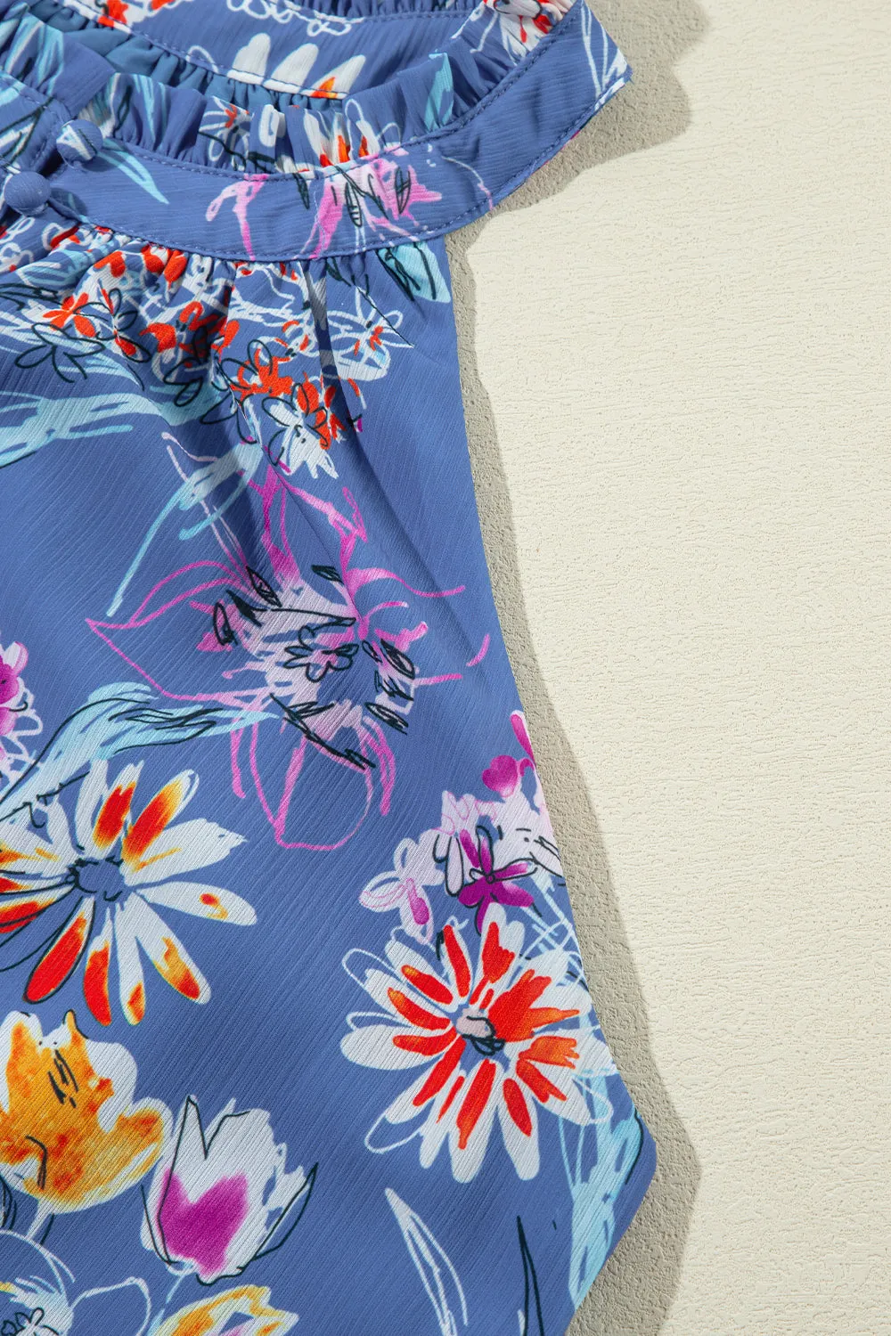 Boho Floral Print Button Front Sleeveless Blouse