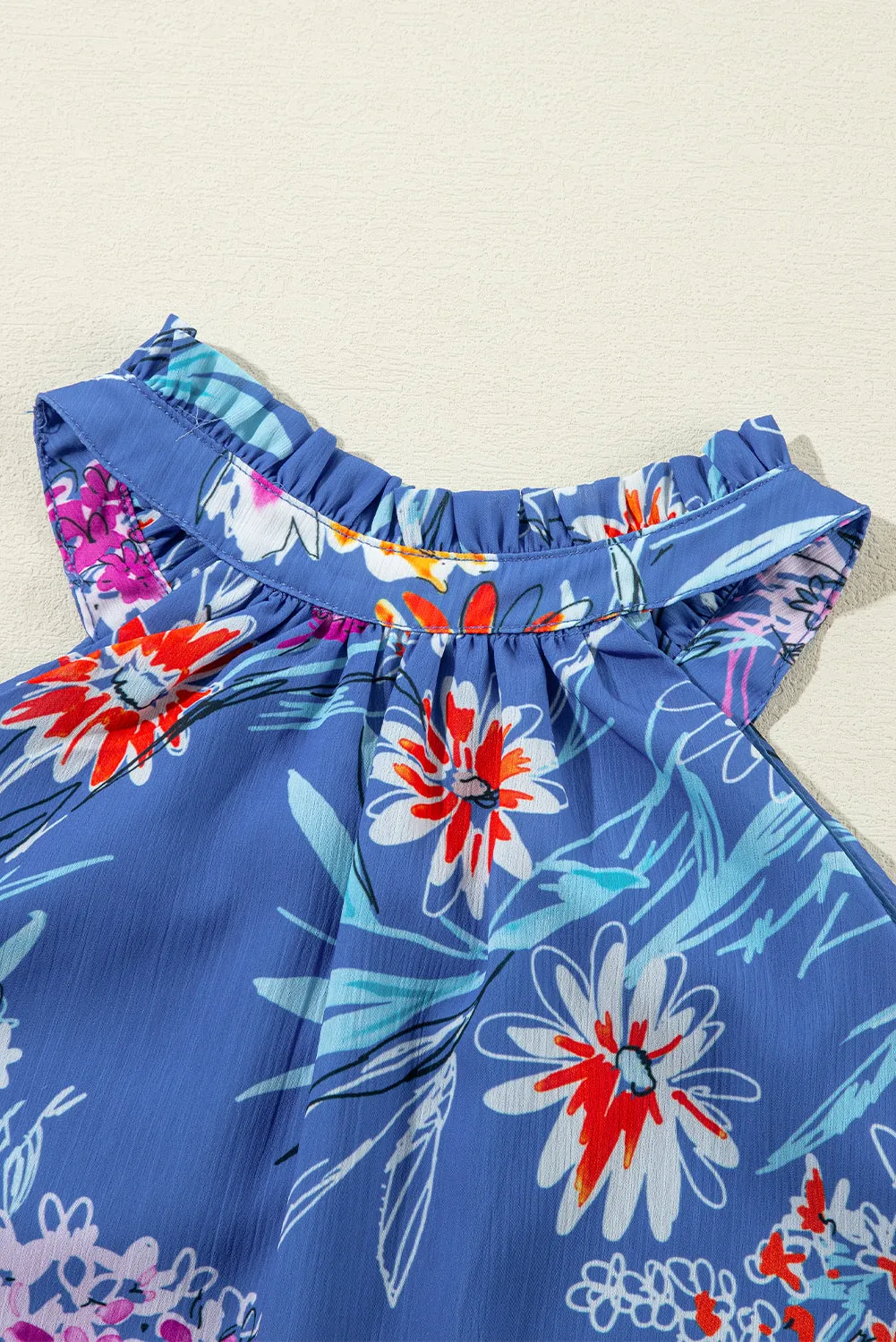 Boho Floral Print Button Front Sleeveless Blouse
