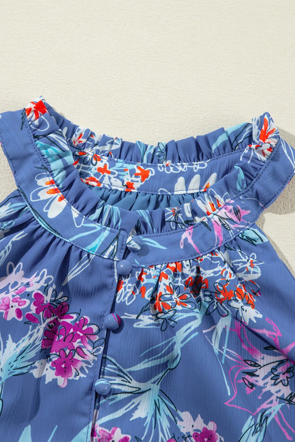 Boho Floral Print Button Front Sleeveless Blouse