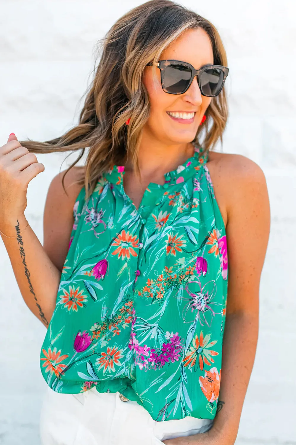 Boho Floral Print Button Front Sleeveless Blouse