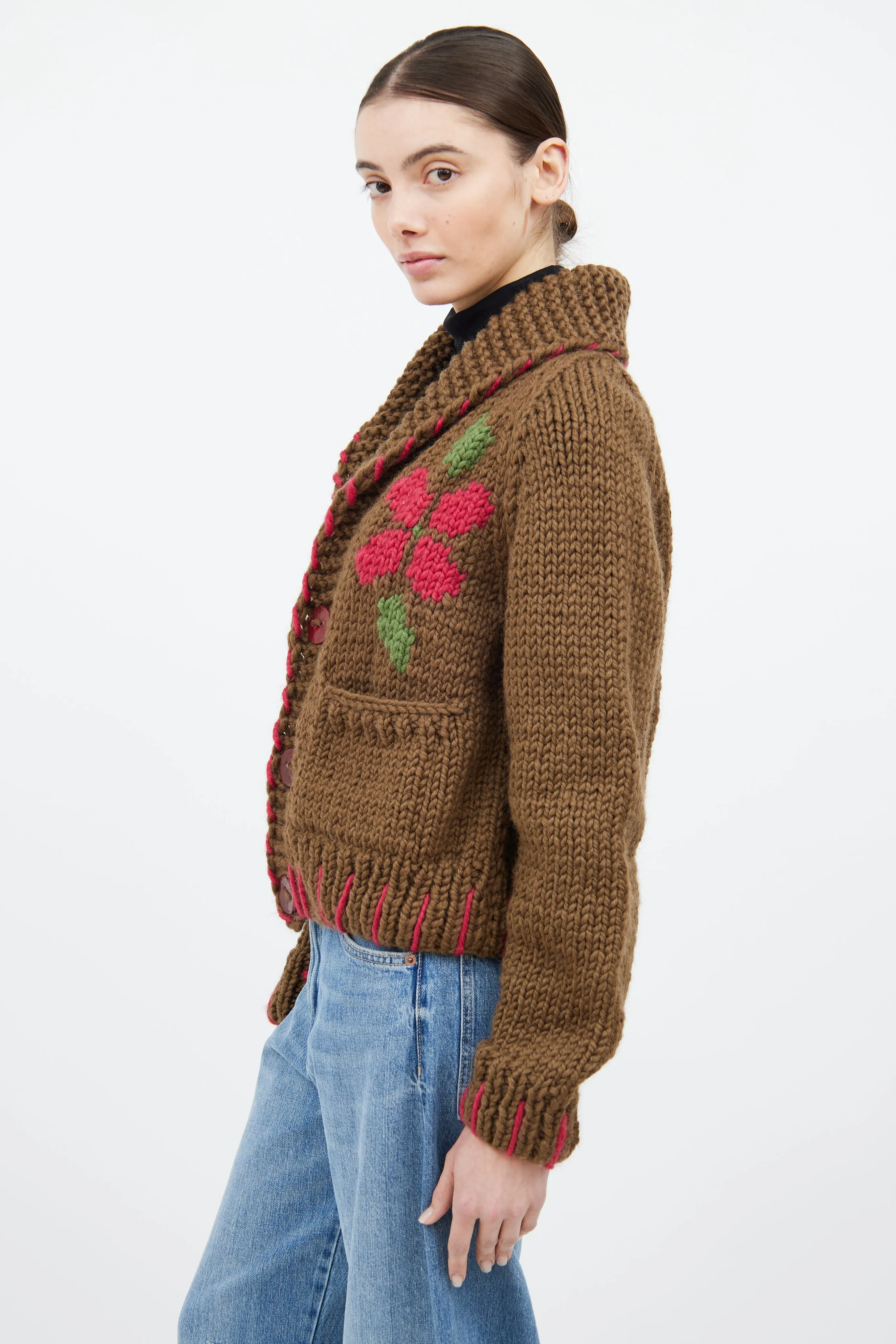 Brown & Multicolour Wool Floral Cardigan