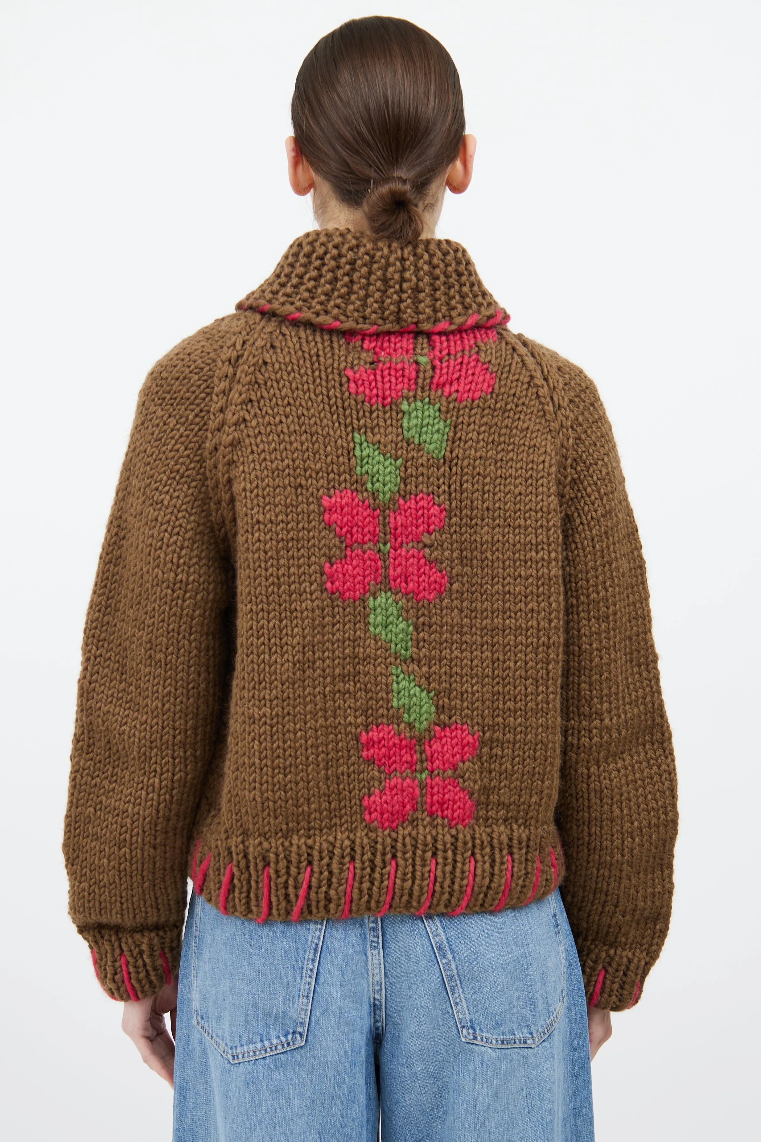 Brown & Multicolour Wool Floral Cardigan