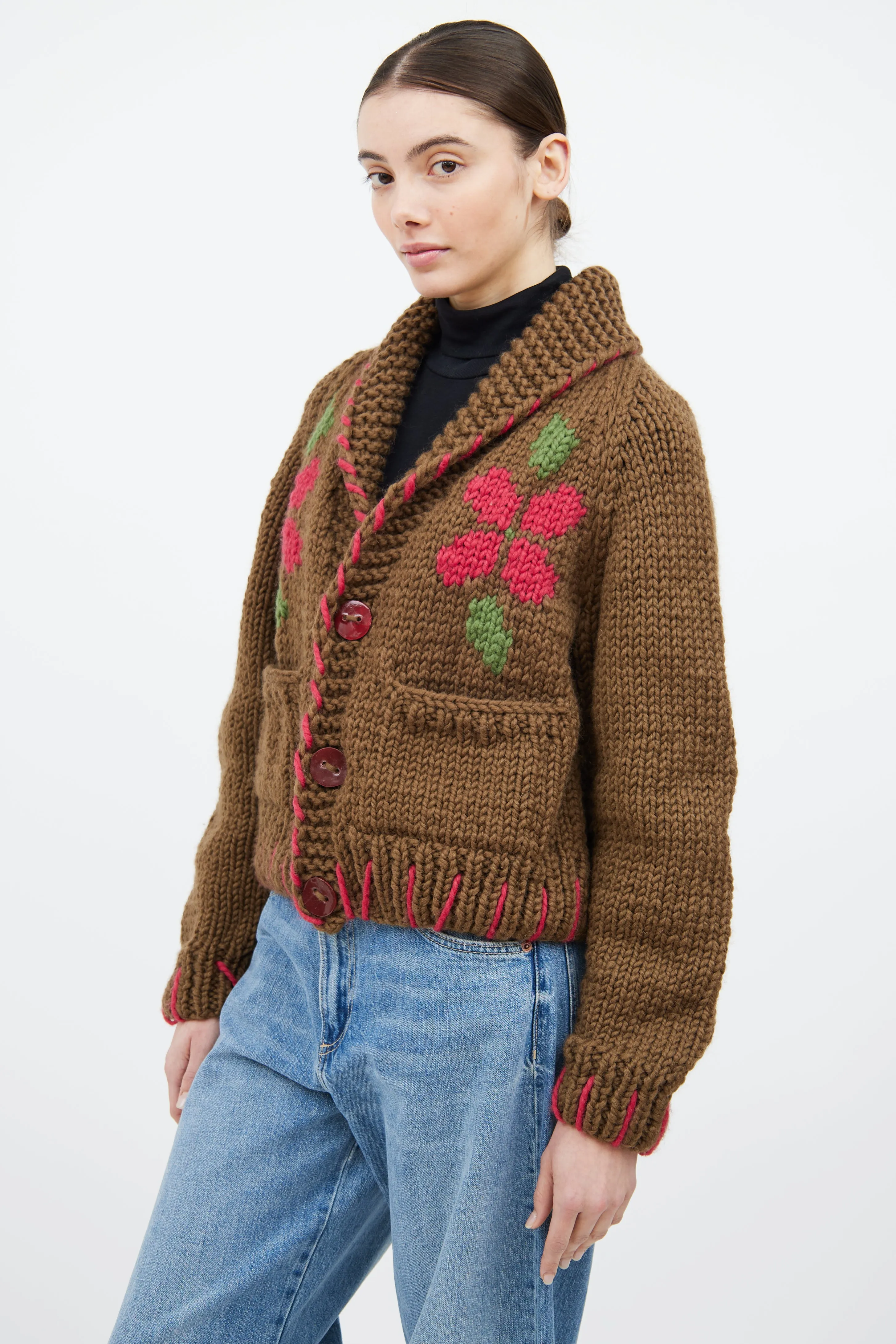 Brown & Multicolour Wool Floral Cardigan