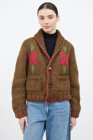 Brown & Multicolour Wool Floral Cardigan