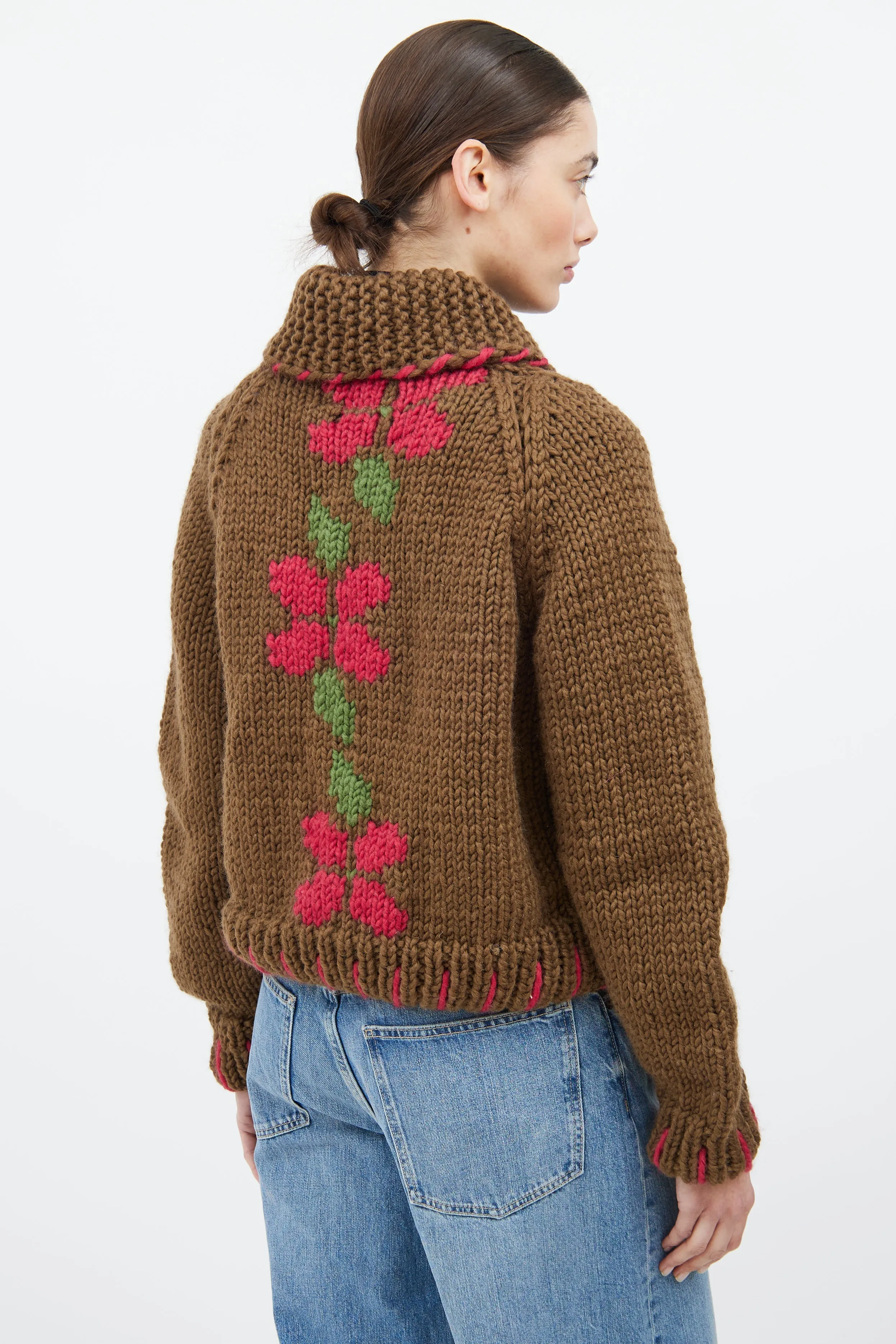 Brown & Multicolour Wool Floral Cardigan