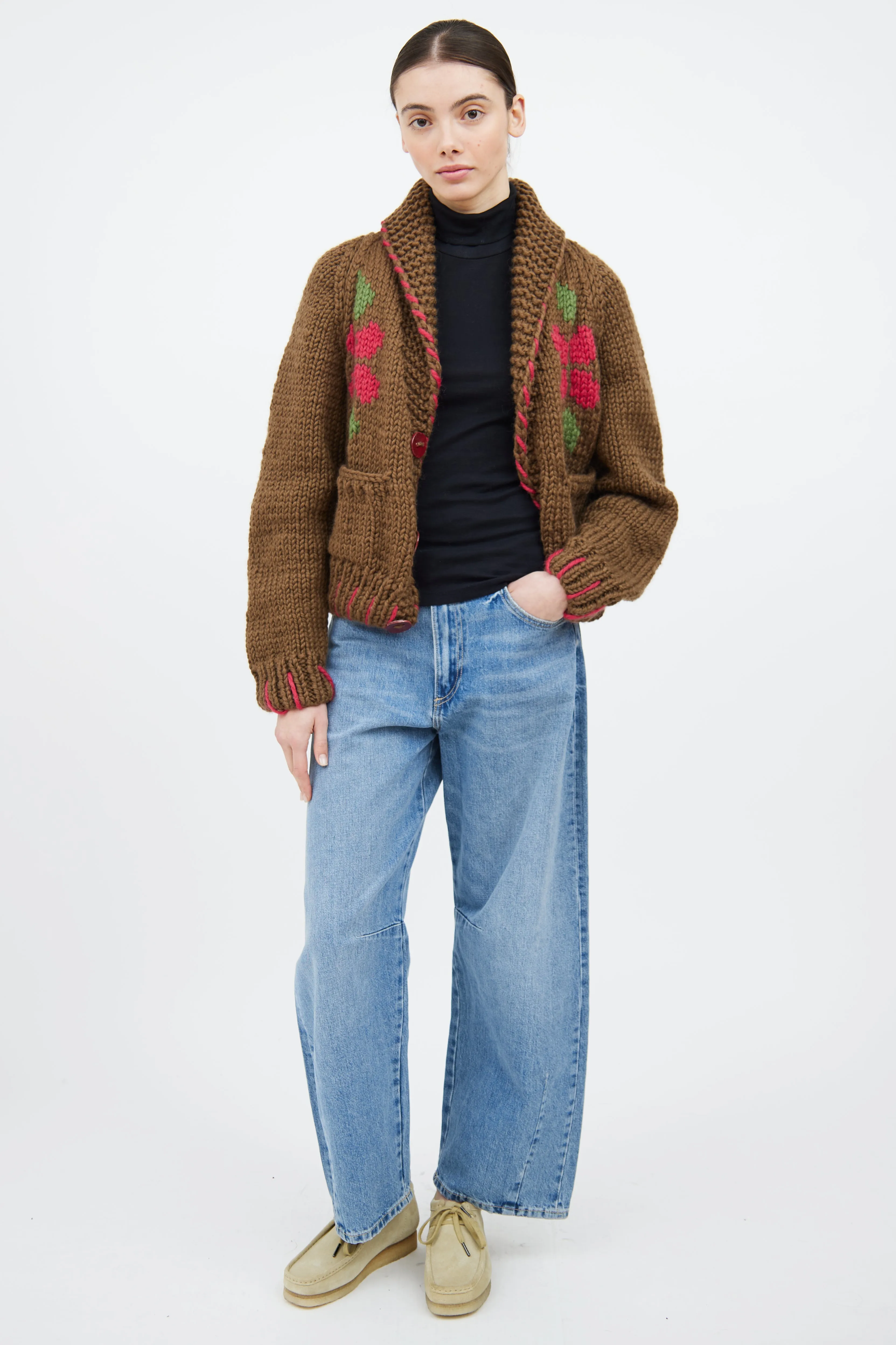 Brown & Multicolour Wool Floral Cardigan