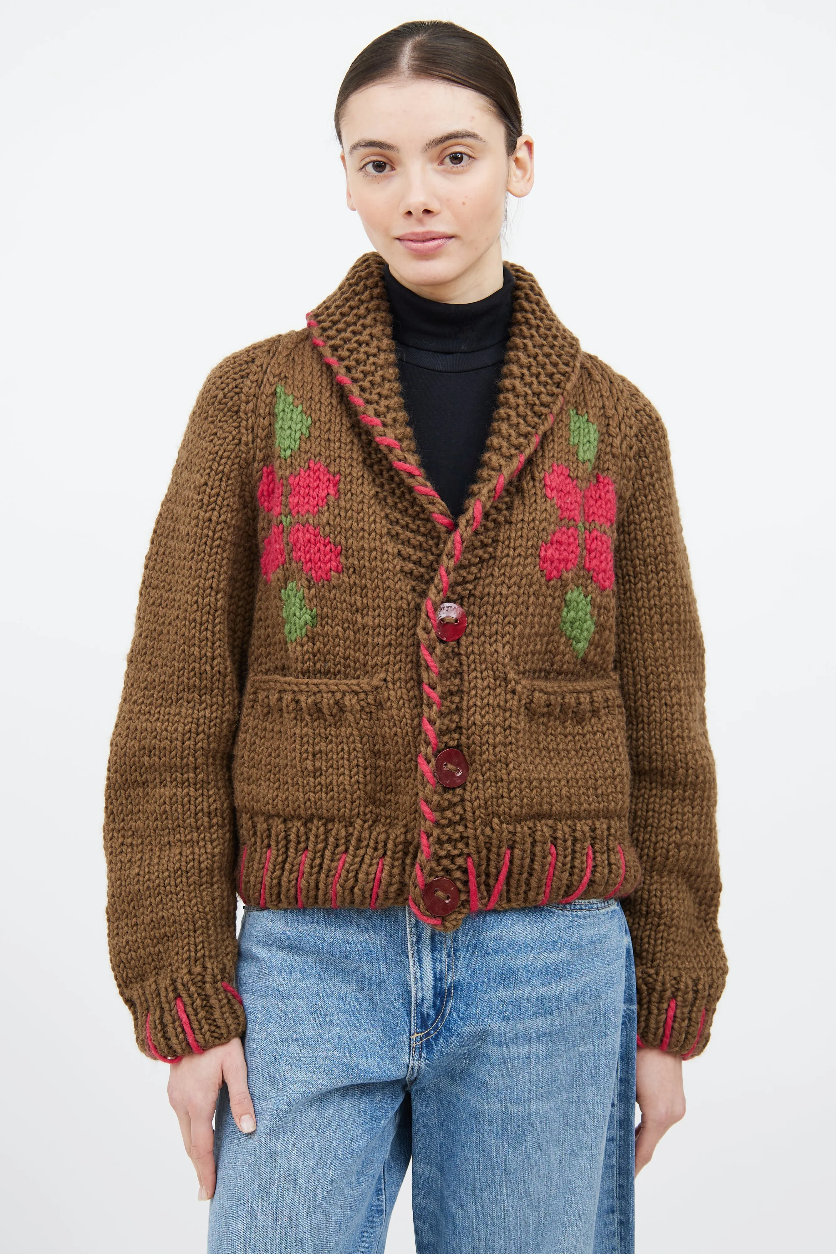 Brown & Multicolour Wool Floral Cardigan