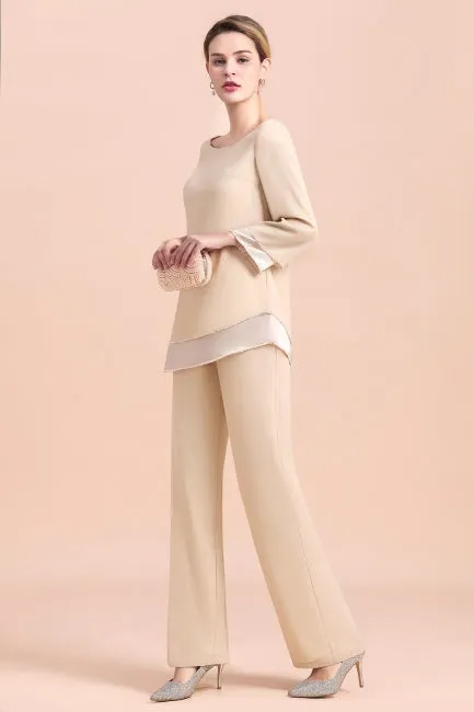 Chic Round-Neck Champagne Chiffon Mother of Bride Jumpsuit Online