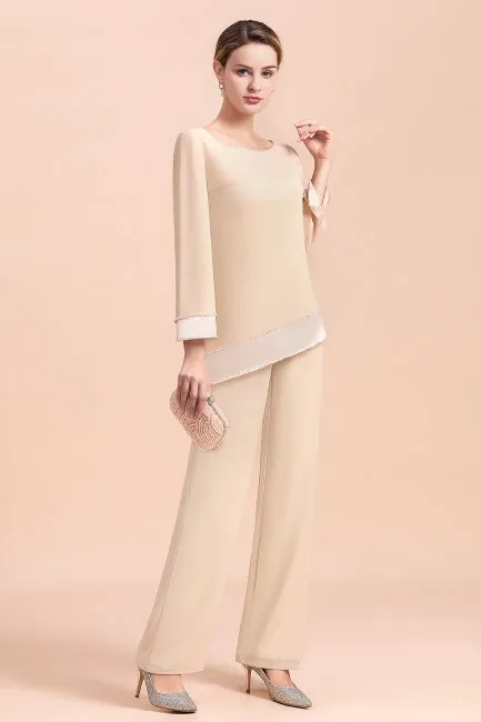 Chic Round-Neck Champagne Chiffon Mother of Bride Jumpsuit Online